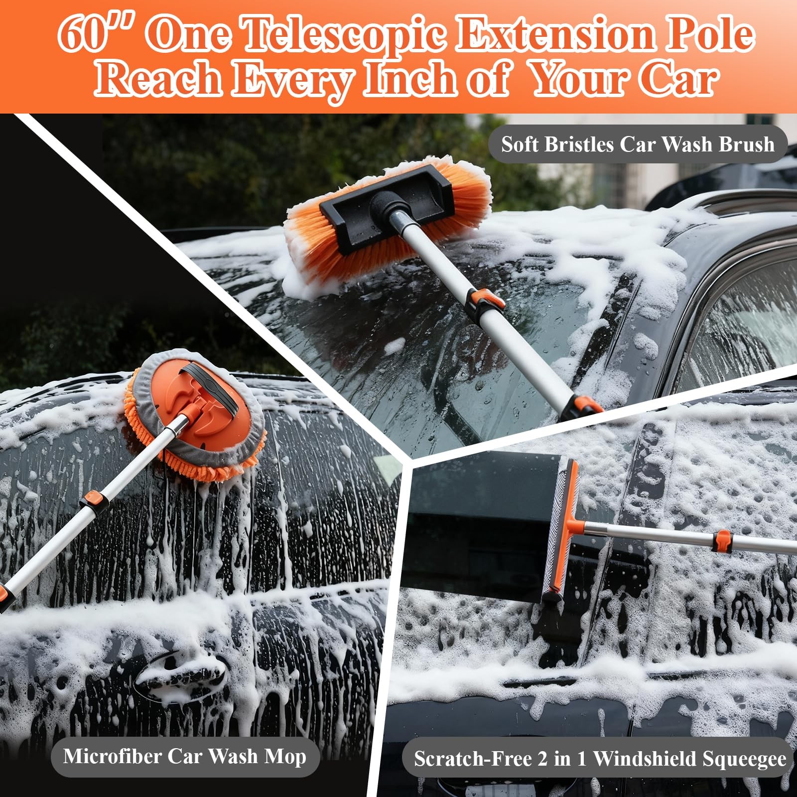 10Pcs 60″ Car Wash Kit with Long Handle, Soft Extendable Car Wash Brush & Mop…
