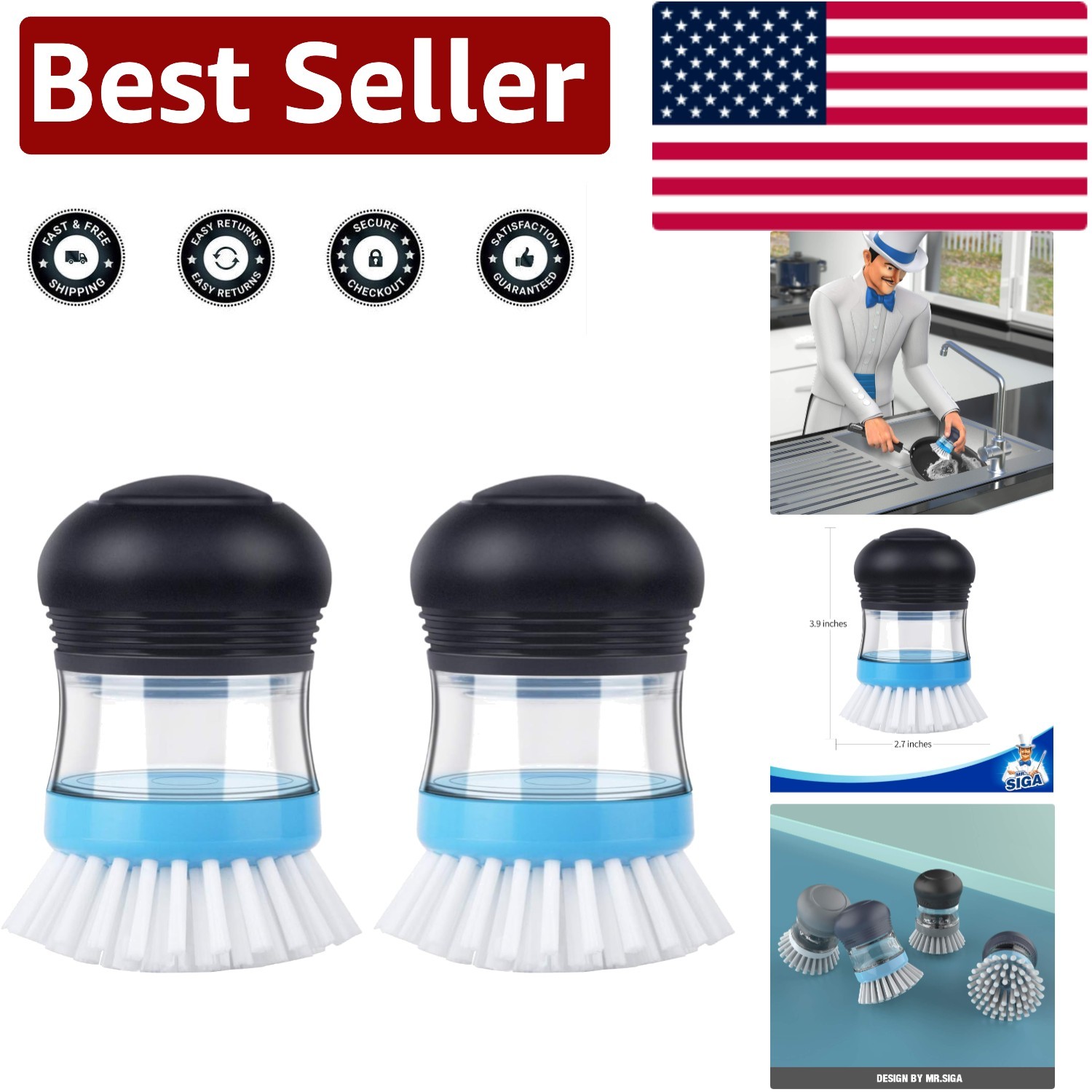 Effortless Kitchen Cleaning: Dual Soap Dispensing Palm Brushes in Navy/Blue