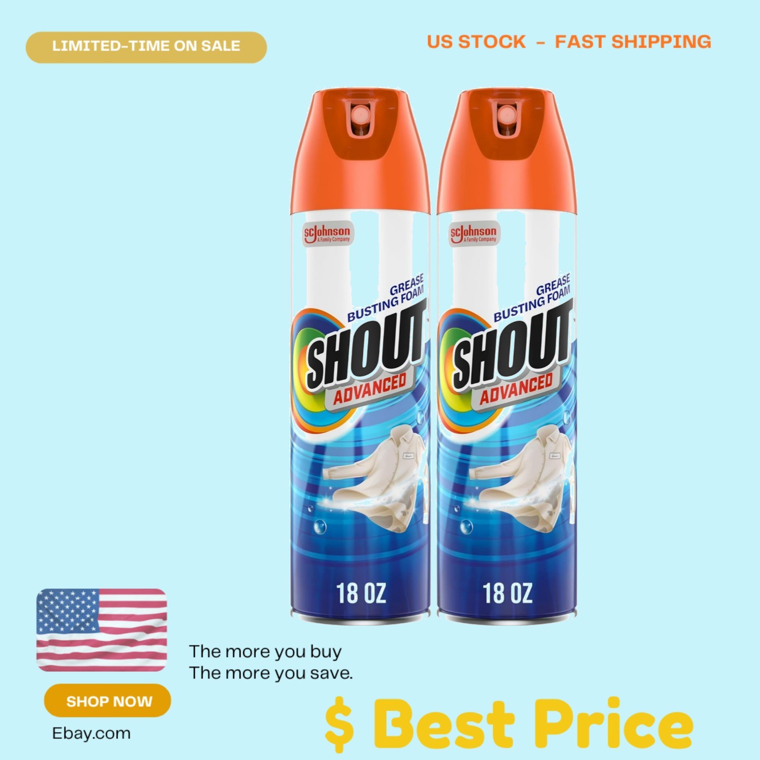 Powerful Shout Foaming Stain Remover | 36 oz Pack of 2 for Stubborn Stains