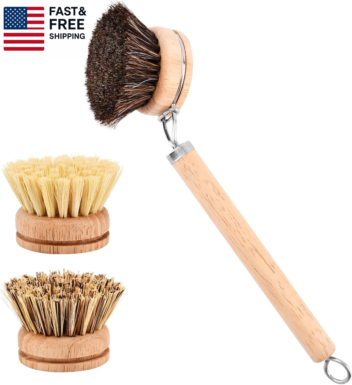 Bamboo Dish Brush Set, 1 Wooden Handle with 3 Natural Bristle Heads All Purpos