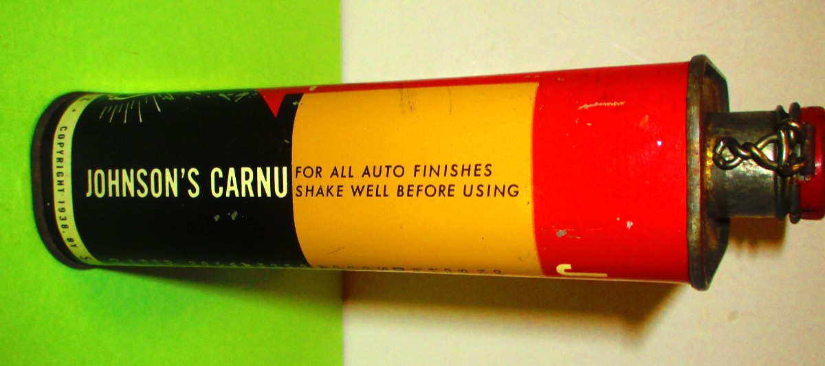 ORIGINAL COPYRIGHTED 1938 NEAR FULL TIN CAN OF JOHNSON’S CARNU BY JOHNSON’S WAX