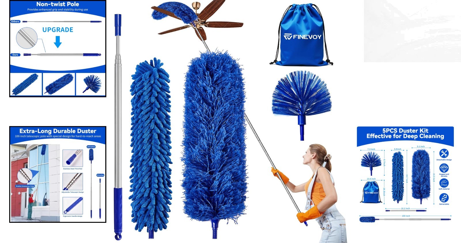 Long-Handled Dusting Set – 5 PCS Microfiber Kit for Furniture & High Ceilings