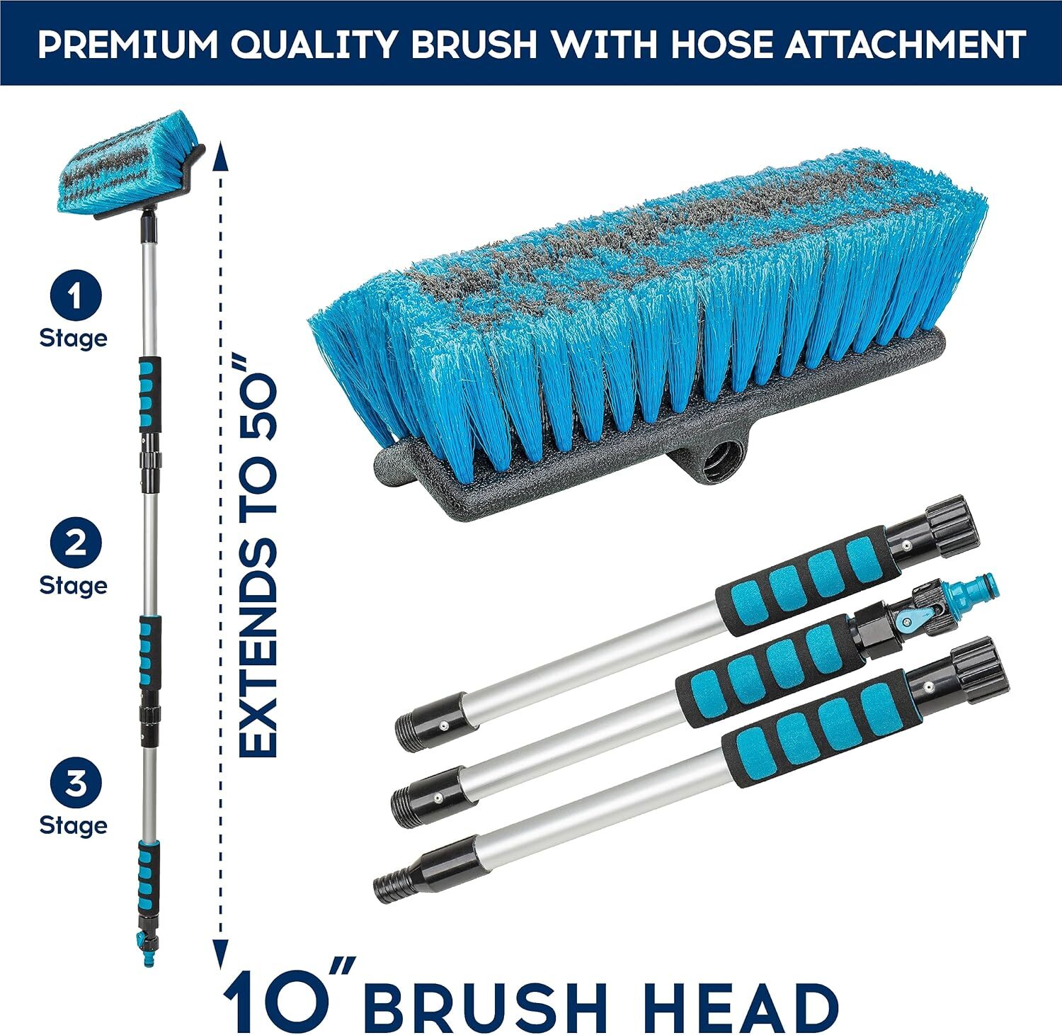 Car Wash Brush With 50” Long Handle Car Cleaning Brush With Hose Attachment Car
