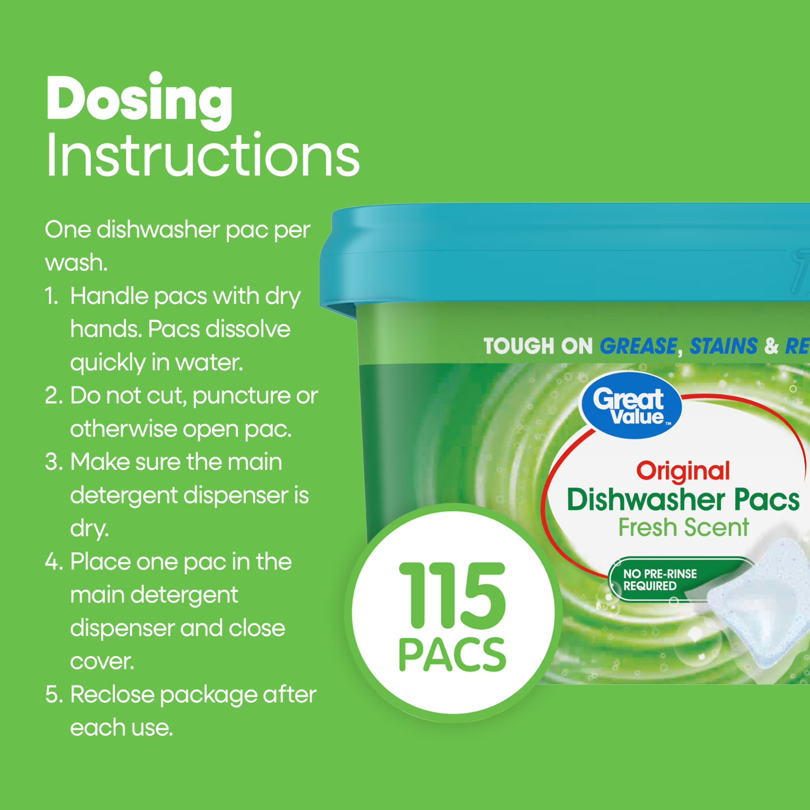 Great Value Original Dishwasher Pacs, Fresh Scent, 115 Count