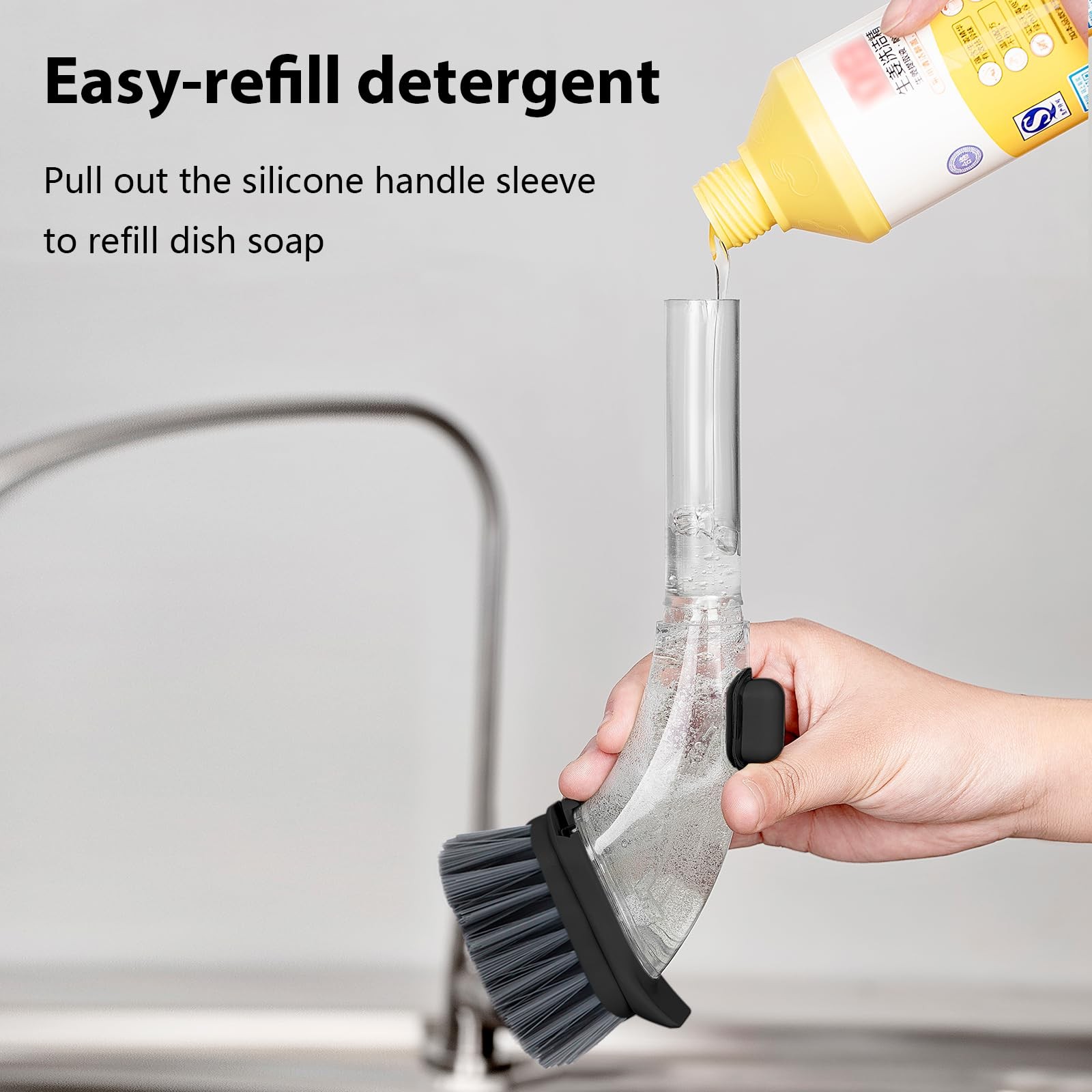 Soap Dispensing Dish Brush with Handle, Kitchen Scrub Brush for Dishes Pots P…
