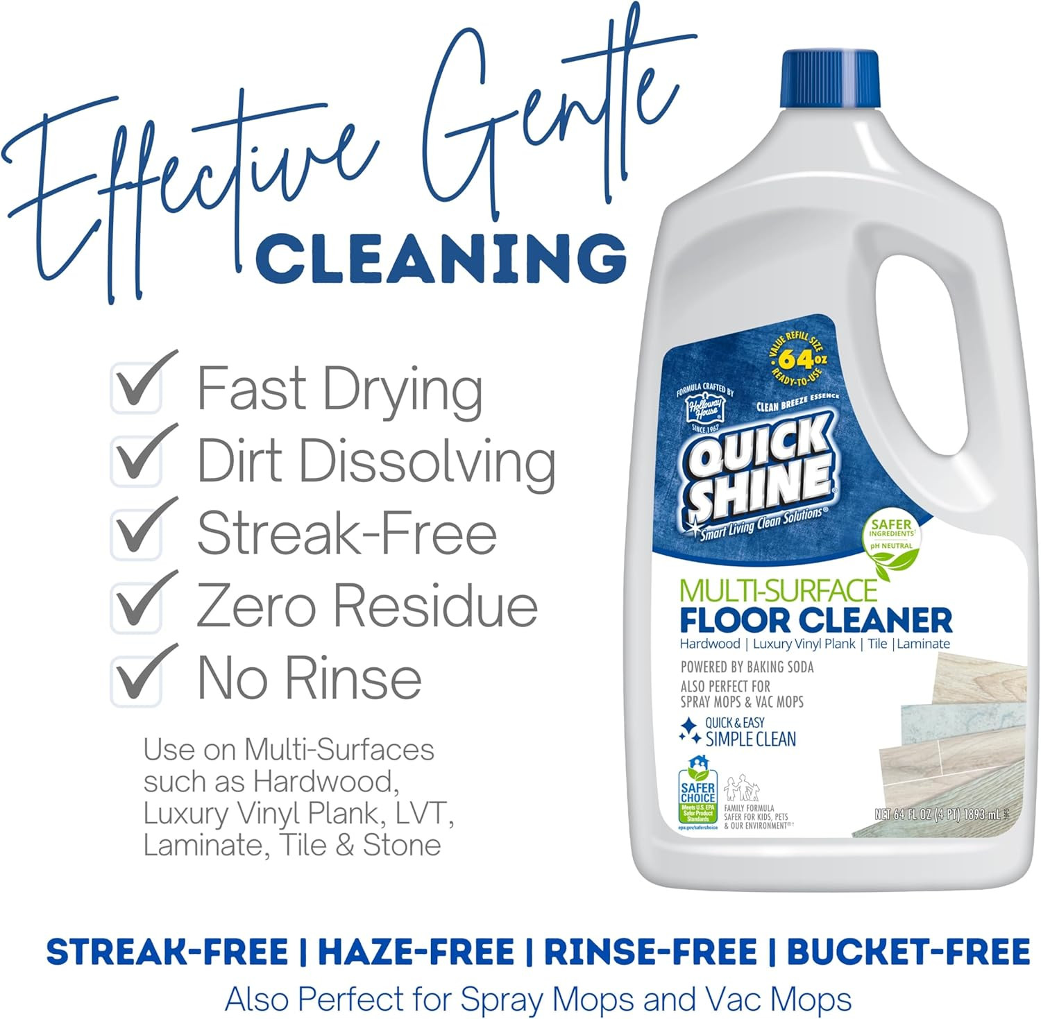 Quick Shine Multi Surface Floor Cleaner, Ready to Use-Streak Free-No Rinse 64Oz