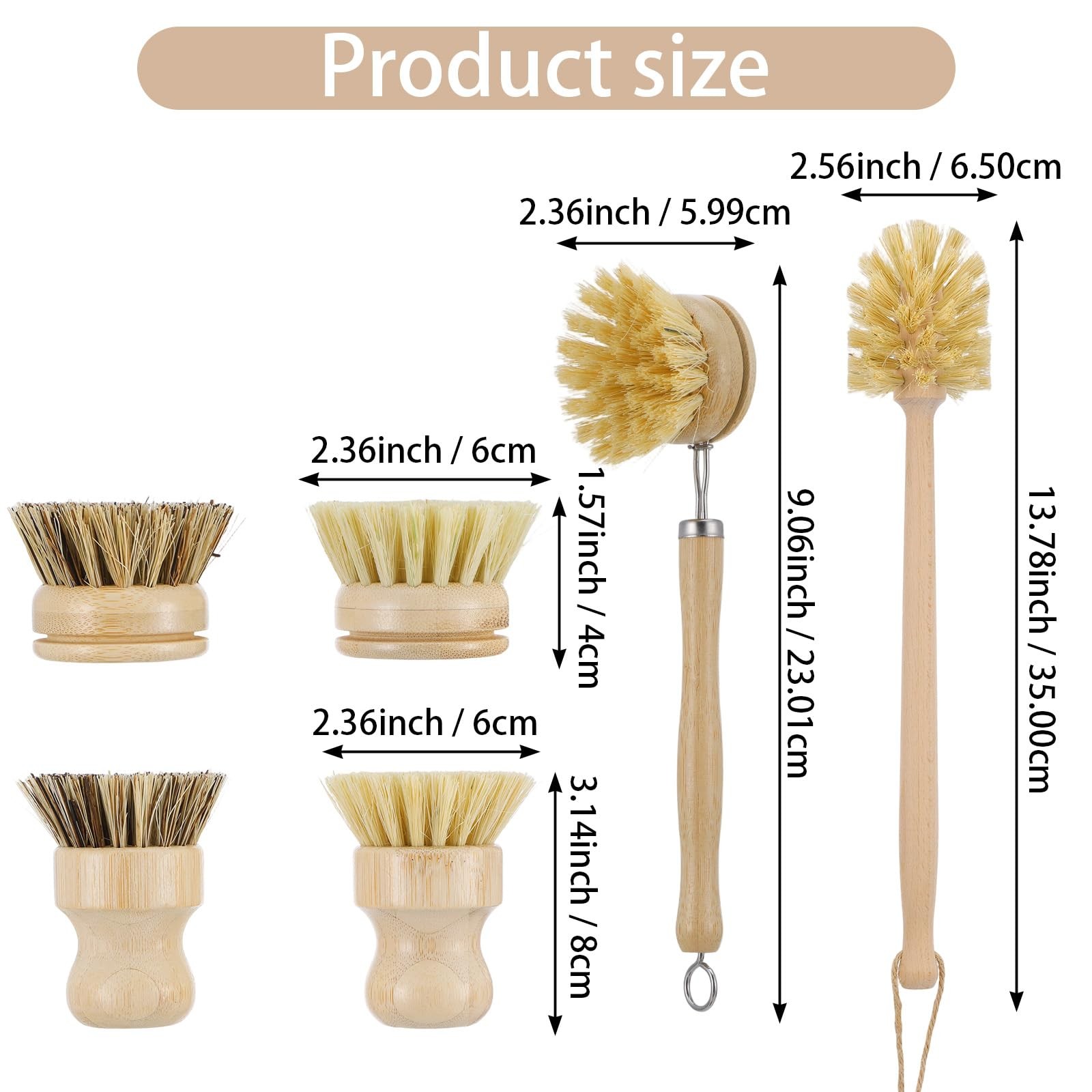 7-Piece Dish Brush Set, Natural Kitchen Scrub Brush Kit with Wooden Handle fo…