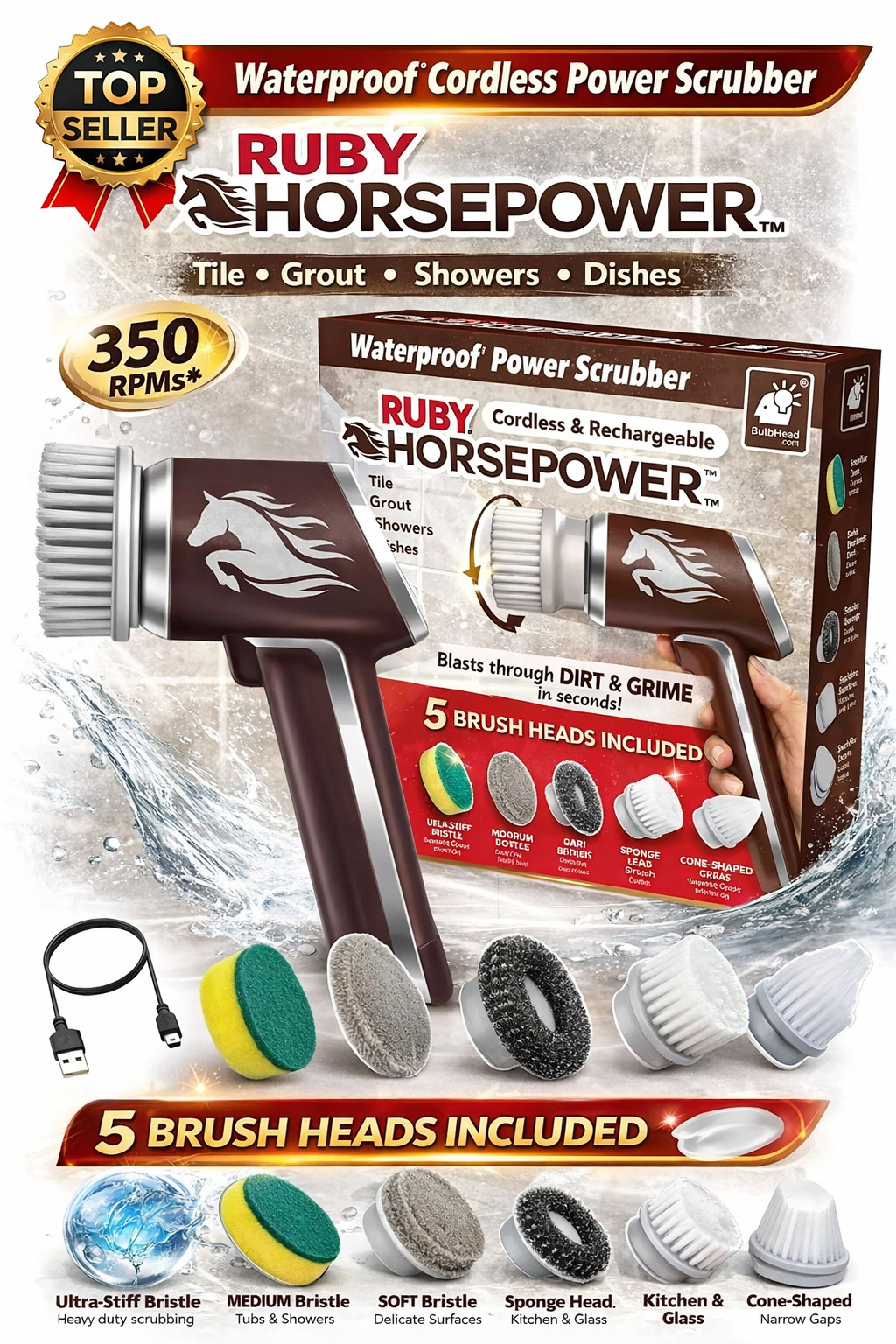 Ruby Horsepower Rechargeable Rotating Scrubber Waterproof Power Scrubber, Spins