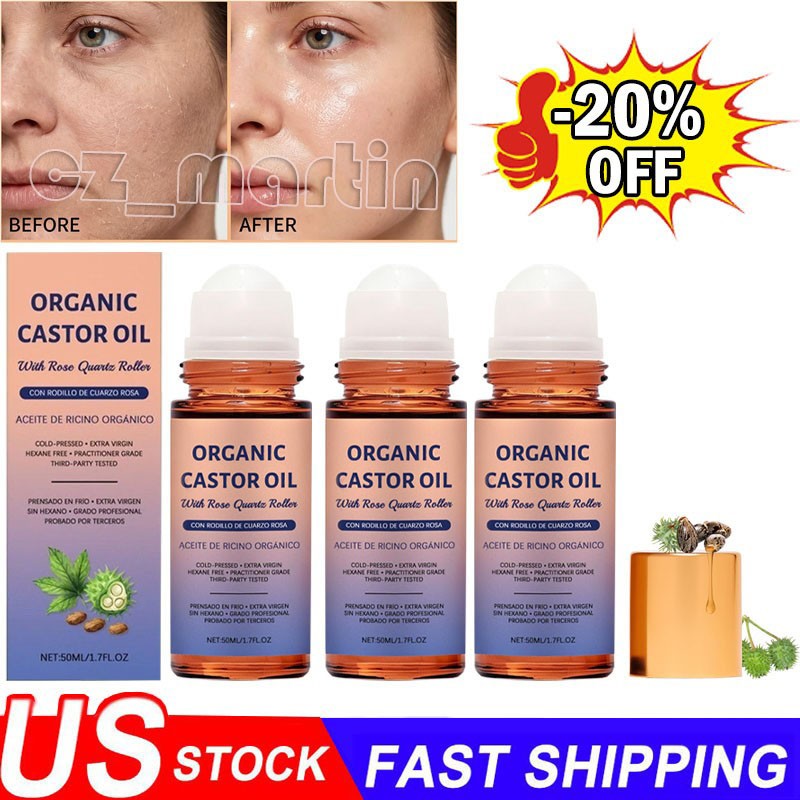 100% Organic Castor Oil Roll On with Rose Quartz Roller, Cold Pressed