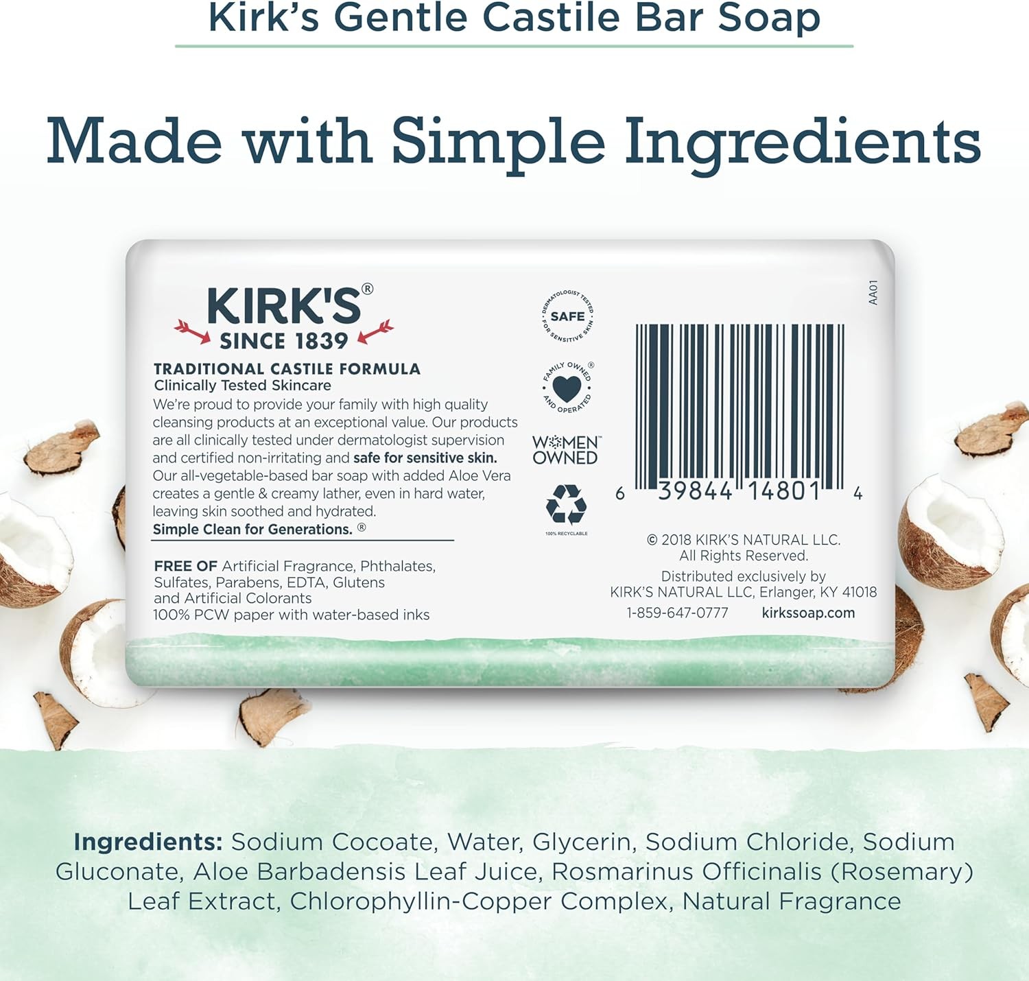 Natural Original Coco Castile Soap with Aloe Vera, Pack of 3
