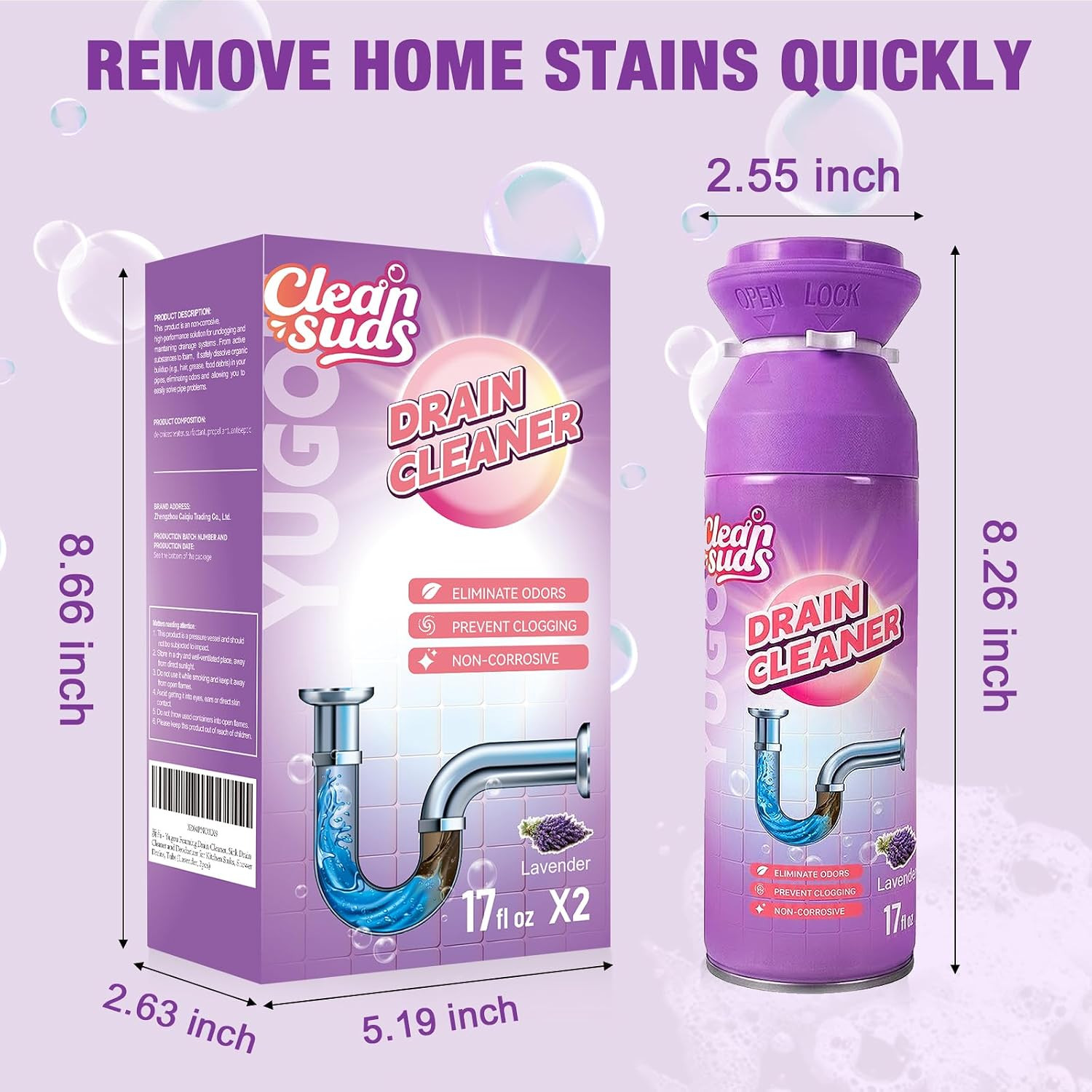 Foaming Sink Drain Cleaner Deodorizer& Clog Remover (Lavender, 2Pcs) | Foaming