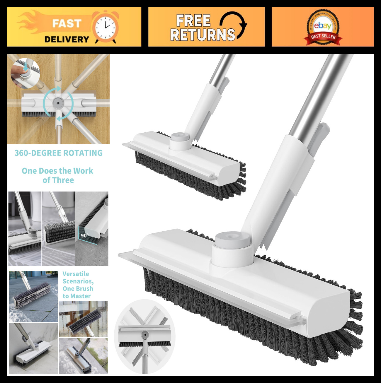 Heavy-Duty Floor Scrub Brush with Long Handle, 3-in-1 Stiff Bristle Cleaner, 2 P