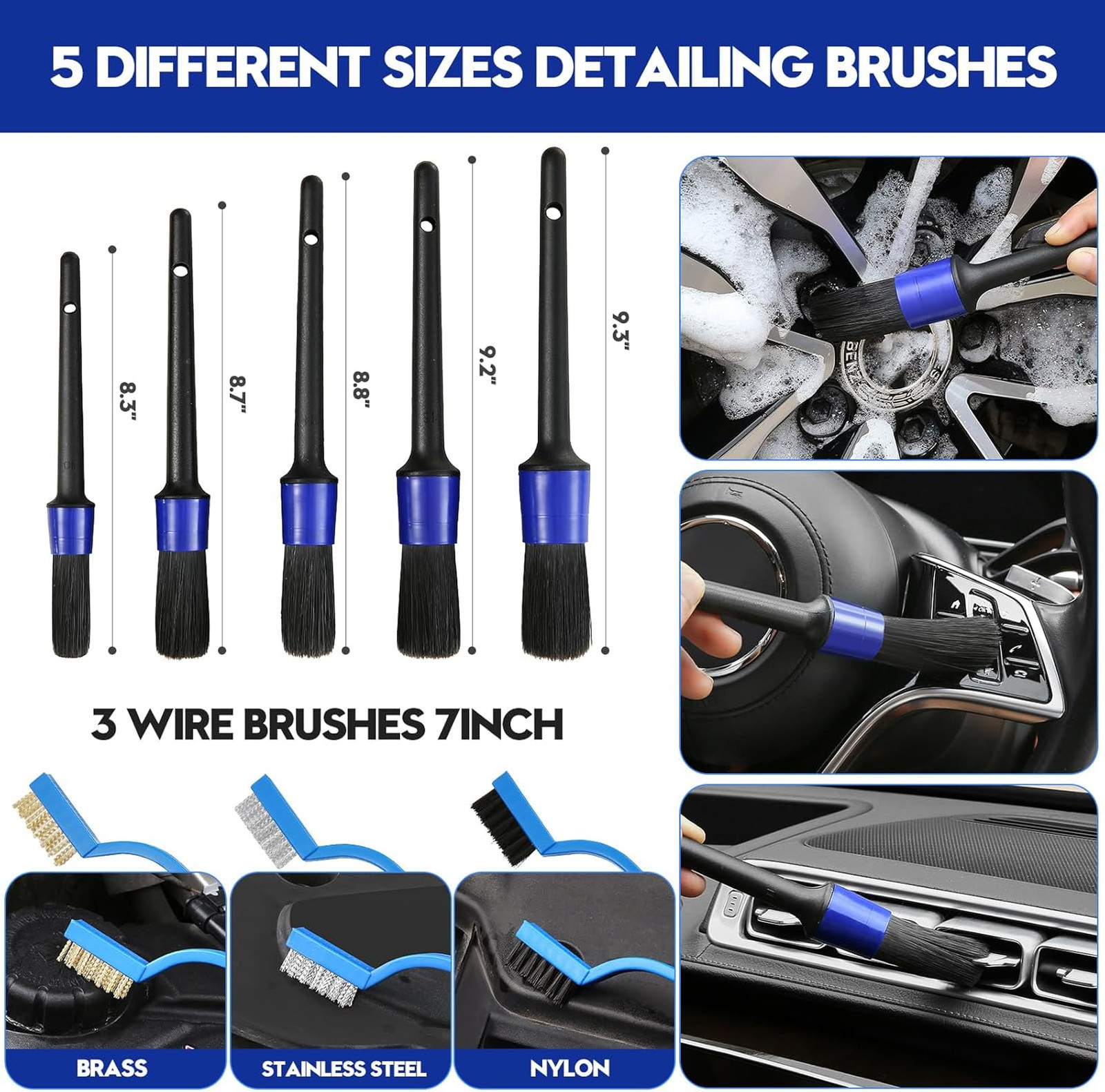 Car Detailing Brush Set with Soft Bristles and Drill Brushes Pack, Interior