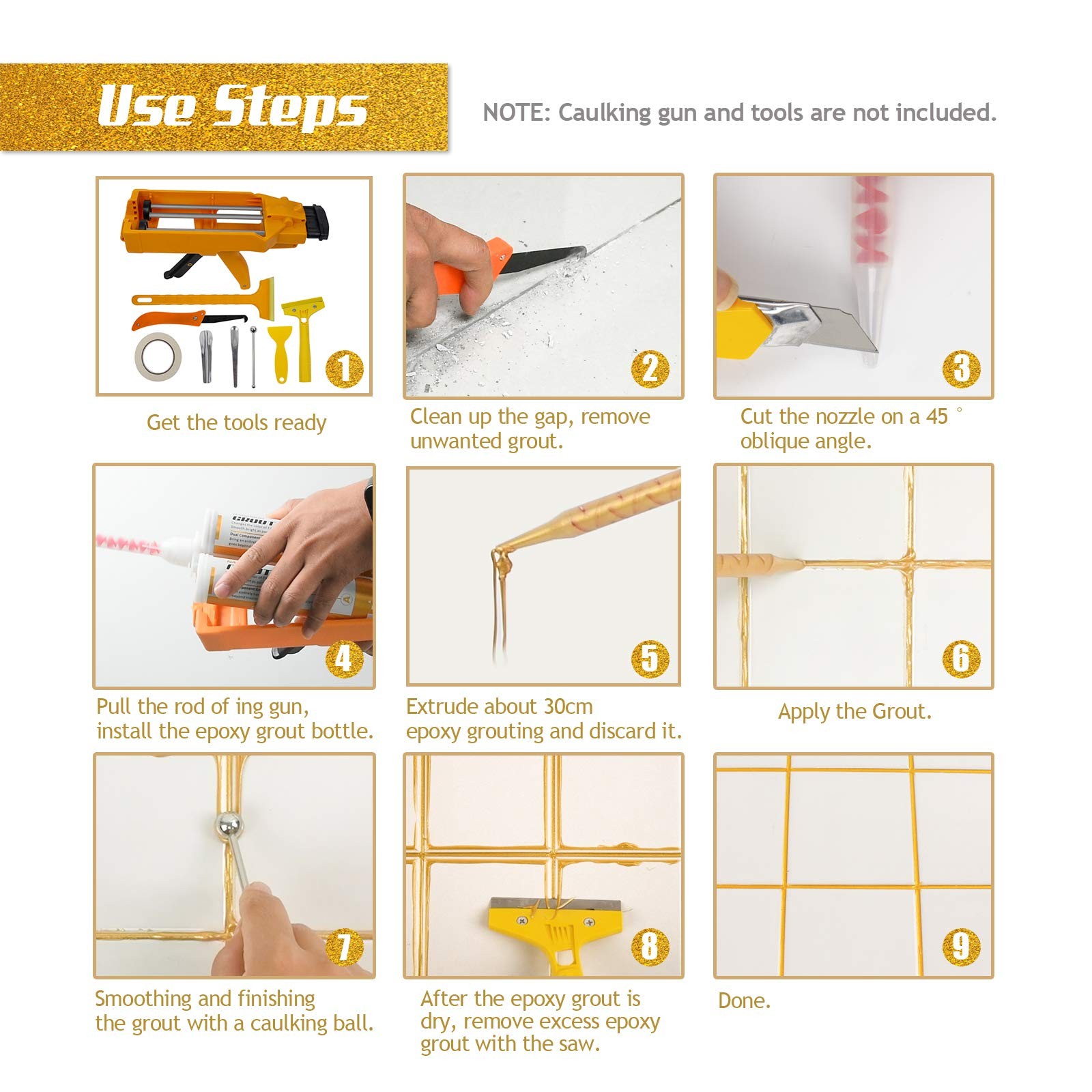 NADAMOO Epoxy Grout Glittering Gold, Dual Tubes Waterproof Tile Grout 19oz 40…
