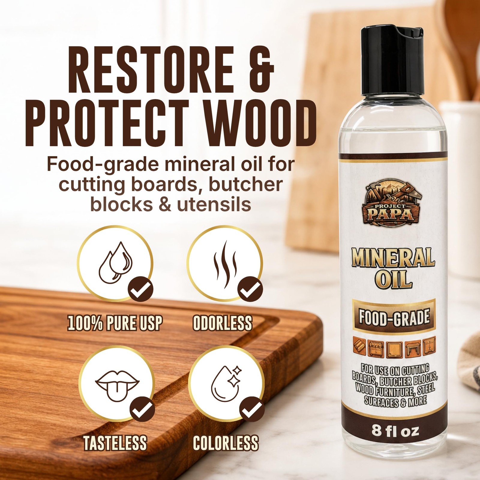 Food Grade Mineral Oil for Cutting Boards & Butcher Block – USP 100% Pure & O…