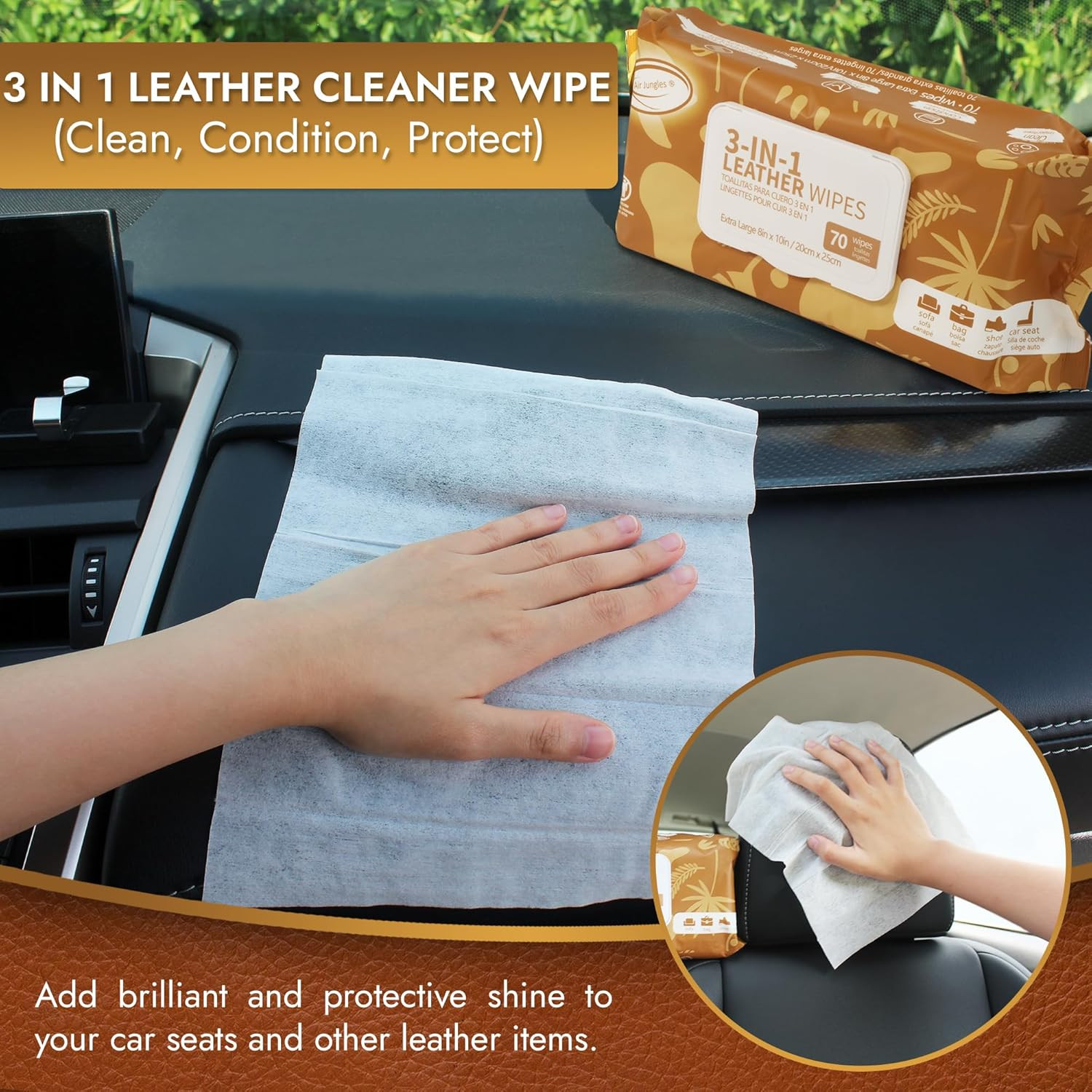Air Jungles 3In1 Leather Cleaner Wipes 70 Count, Extra Large 8″ X 10″ Size, Clea