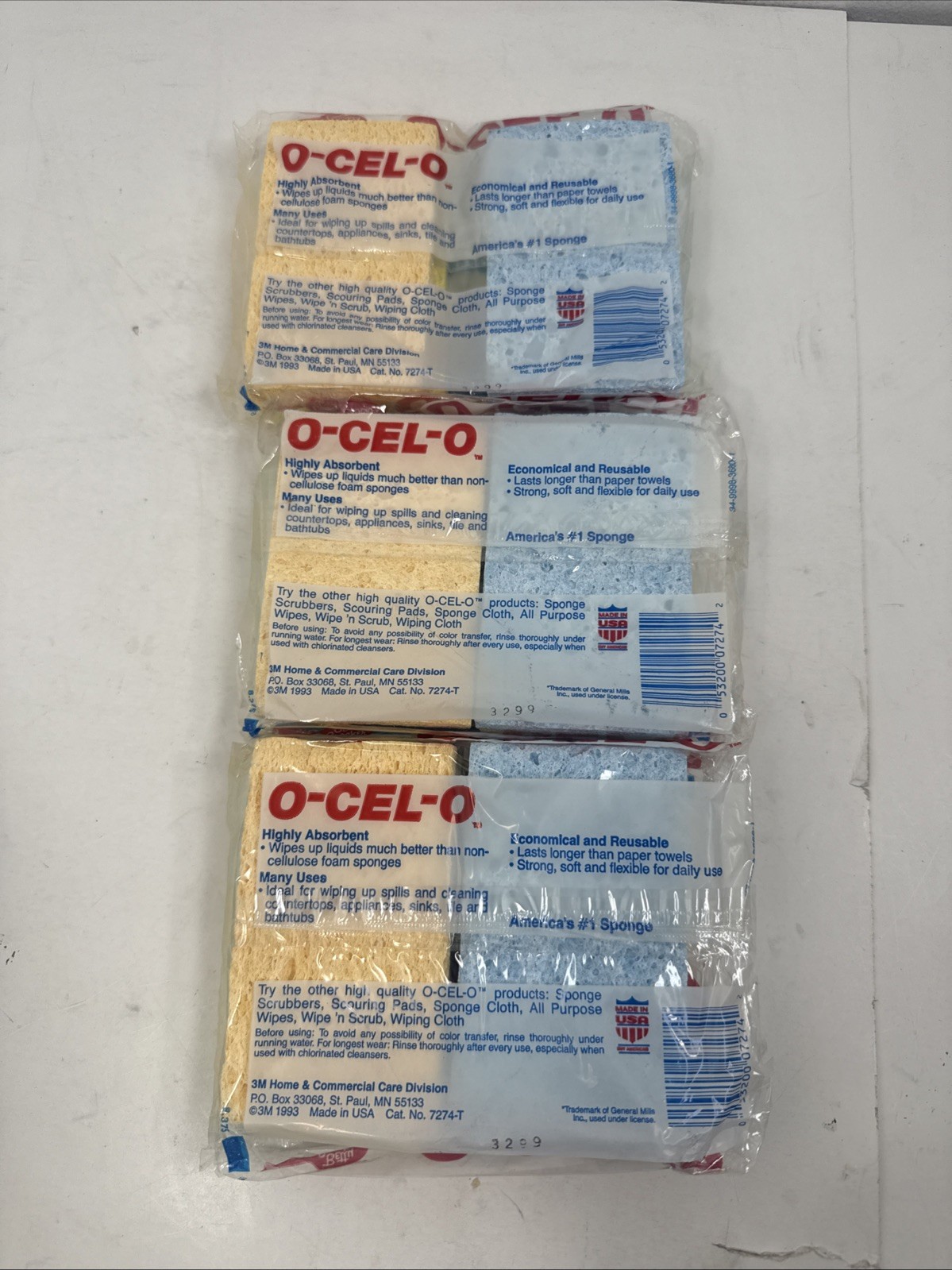 Vintage 1993 O-CEL-O Handy Sponges 3M USA Made (4) 4.7×3.0x0.6 Cellulose 3 Packs