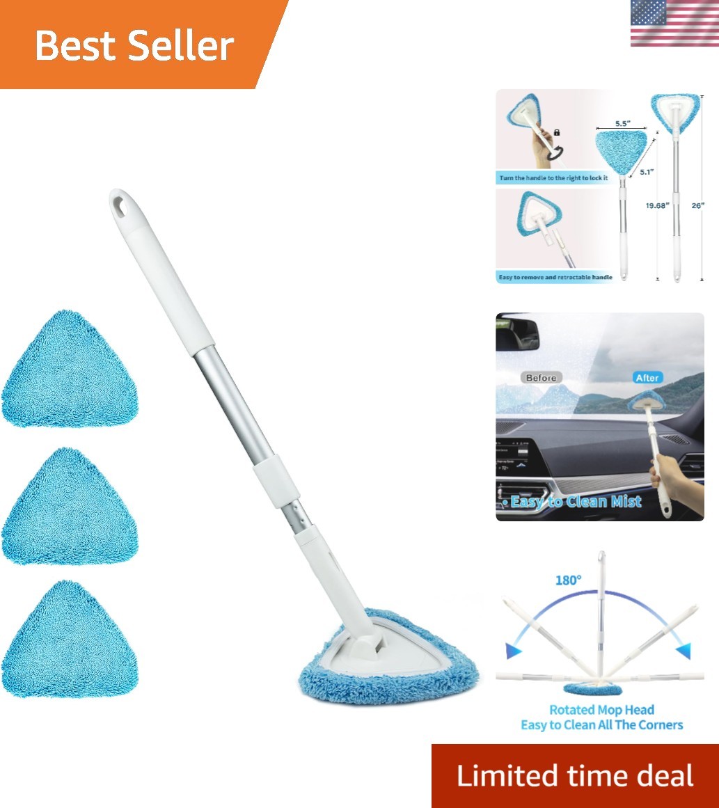 Windshield Cleaning Tool with 26″ Adjustable Handle & 3 Microfiber Pads