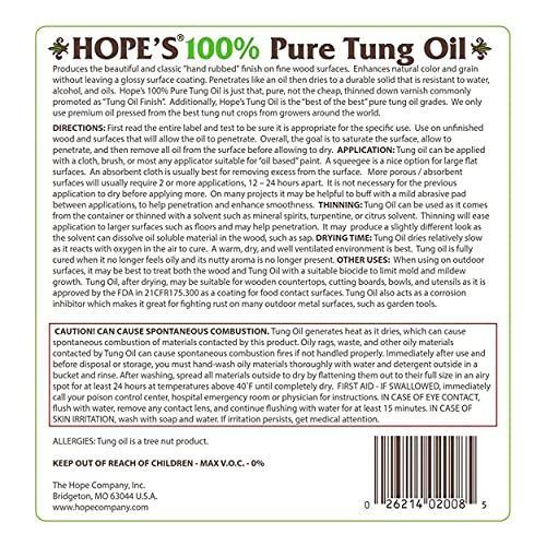 Hope’s Pure Tung Oil, Waterproof Natural Wood Finish and Sealer, 128 Fl Oz