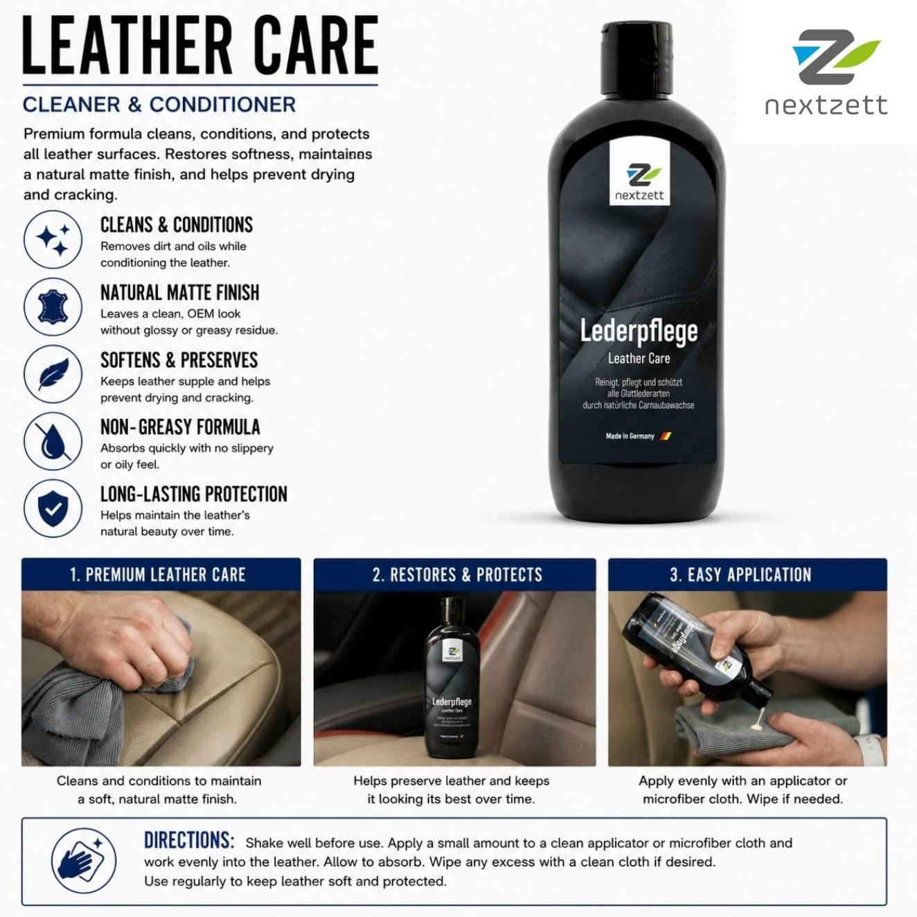 Leather Care Cleaner & Conditioner – Non-Greasy Finish, 8.5 fl oz – Protects & R