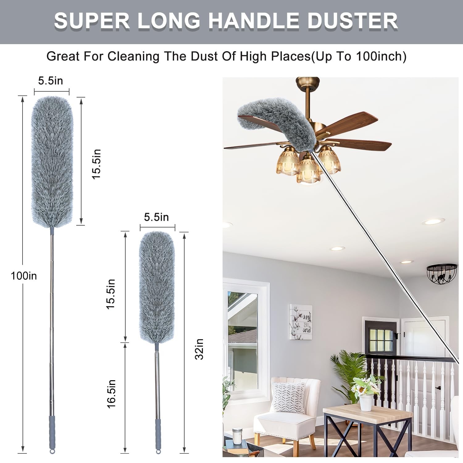 Microfiber Feather Duster with Extendable Pole, 100-inch Extra-Long Dusters T…