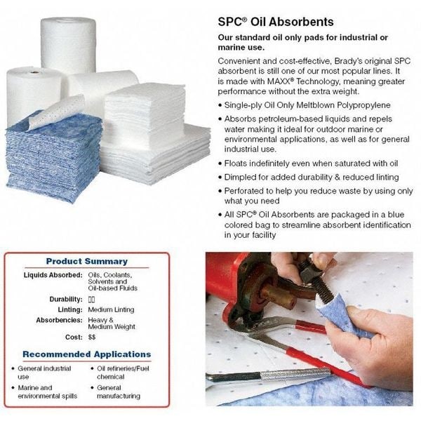 Brady Spc300 Sorbent Pad, 30 Gal, 15 In X 19 In, Oil, White, 100 Pk