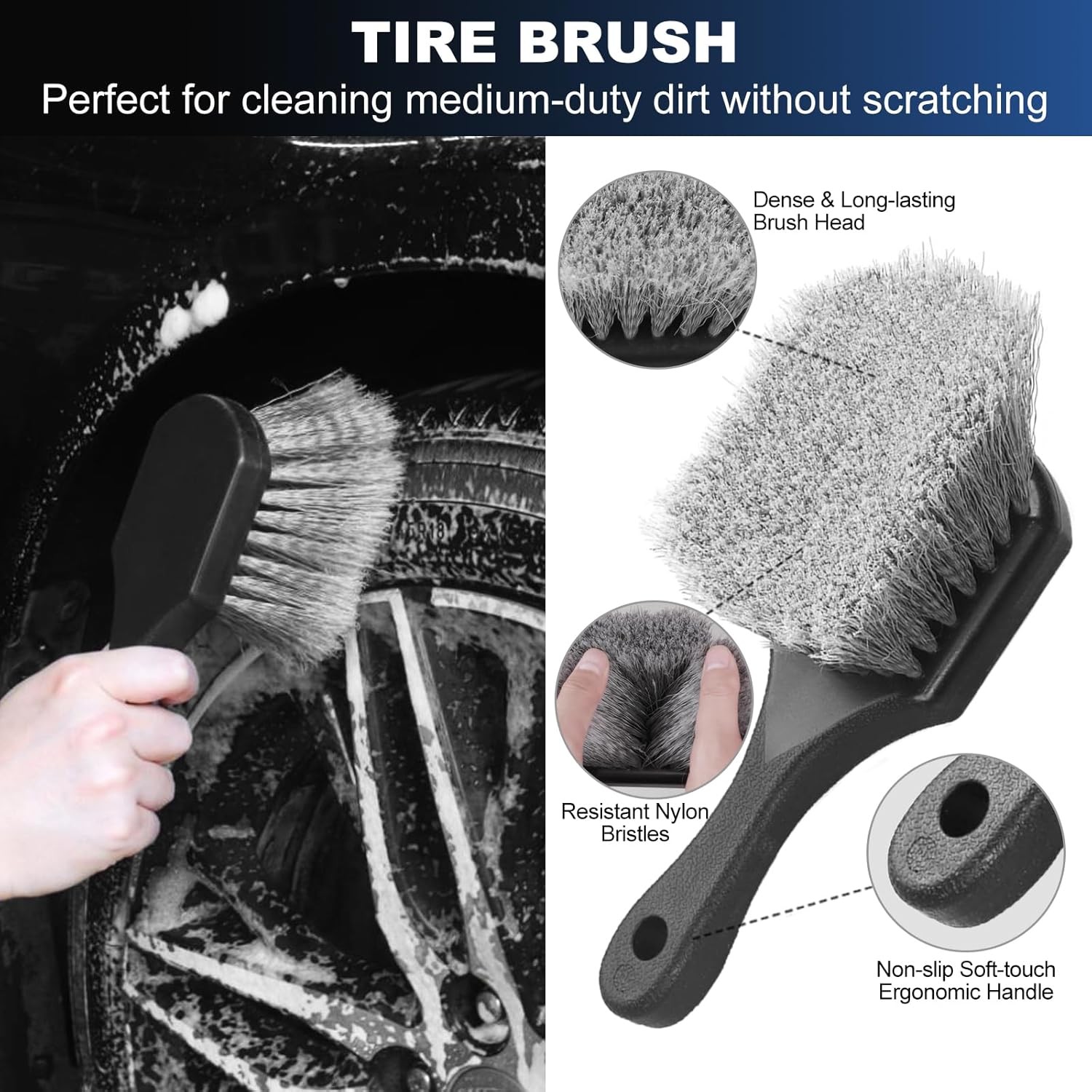 Car Wheel & Tire Brush Set, Wheel Cleaner Brush, Soft & Stiff Bristle