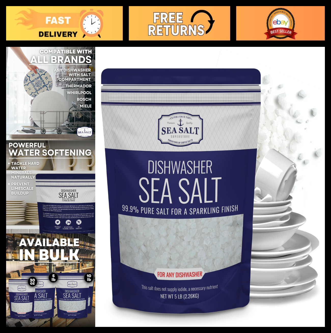 Natural Dishwasher Salt – Food Grade Coarse Sea Salt for Water Softening 5 lb