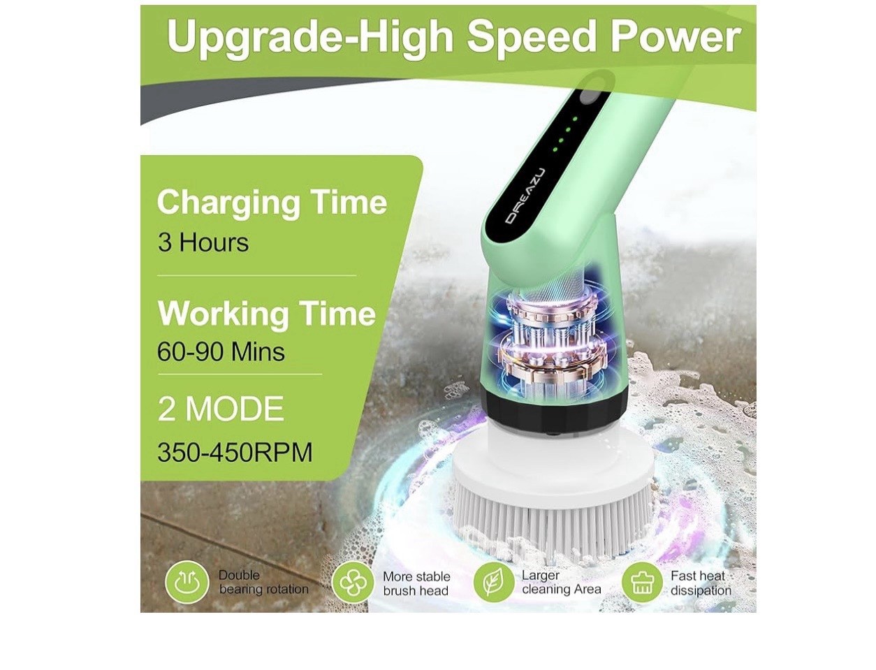 G2-Electric Spin Scrubber – IPX7 Waterproof 10-in-1 Shower Cleaner Brush Green