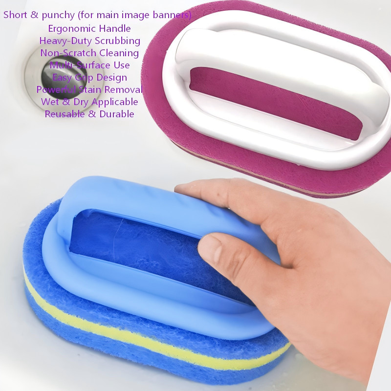 2Pcs Ergonomic Handle Sponge Cleaning Scrub Brush Red Blue for Kitchen Bathroom
