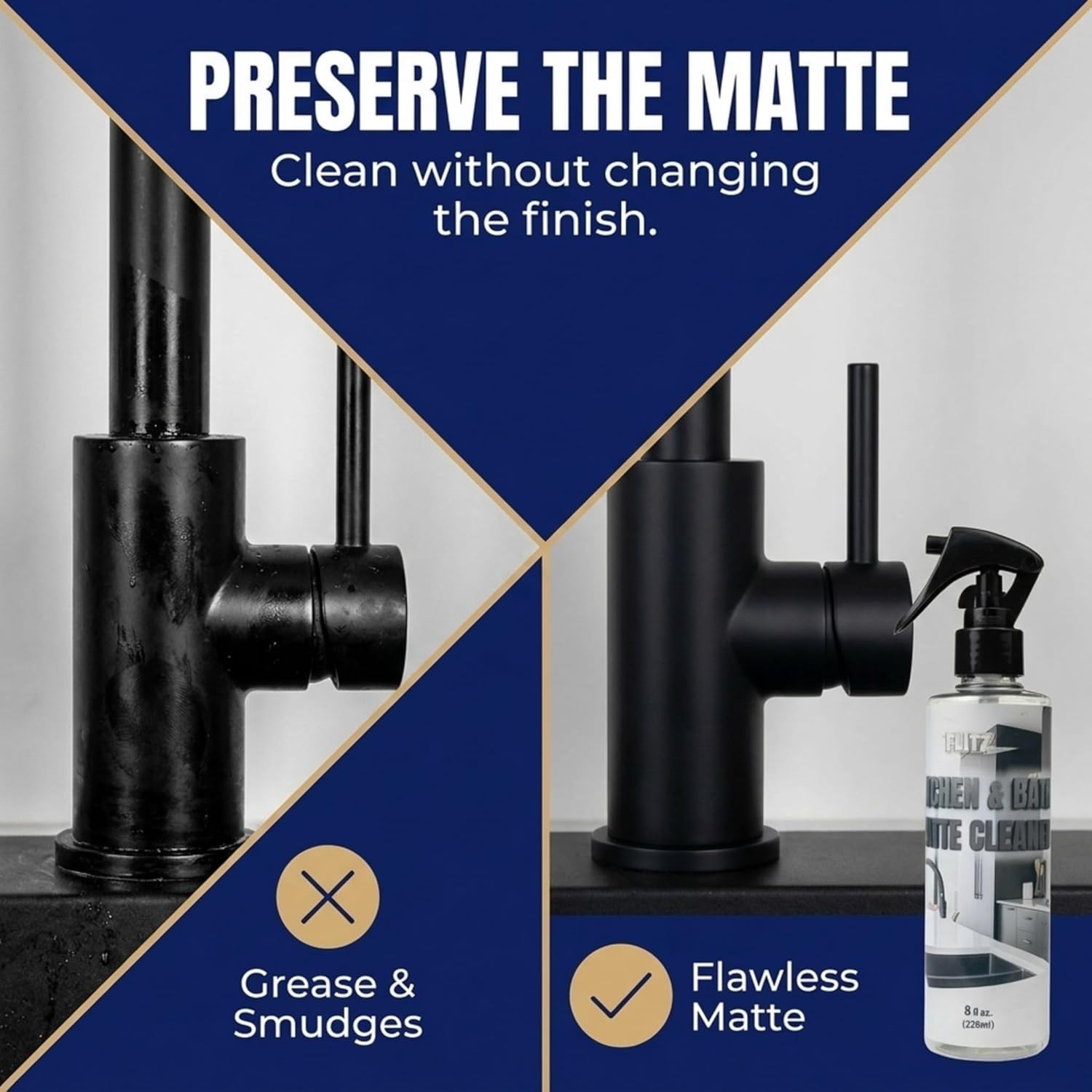 FLITZ Kitchen & Bath Matte Cleaner – 8oz /236ml USA-Made Water-Based Cleaning