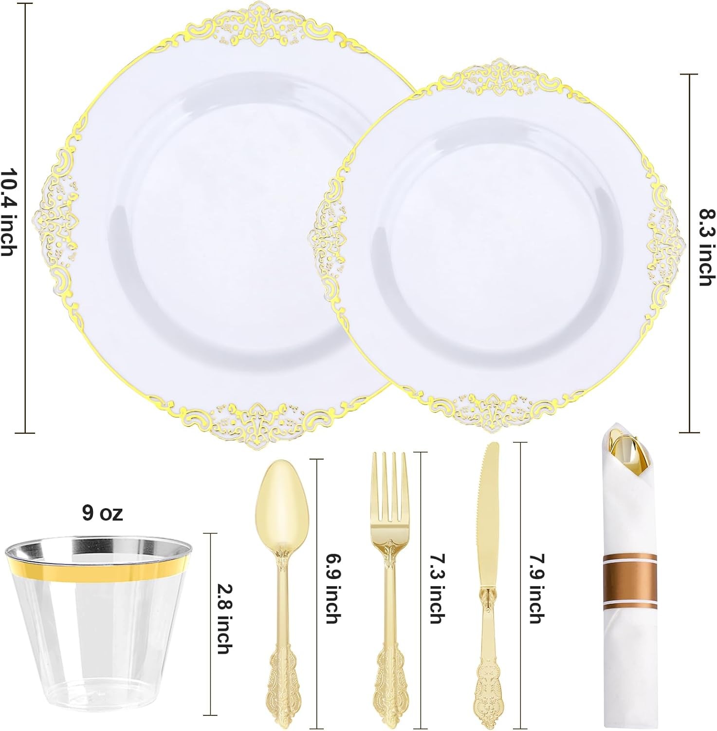 Realluck 350 PCS White and Gold Plastic Plates, Plastic Dinnerware Set for 50