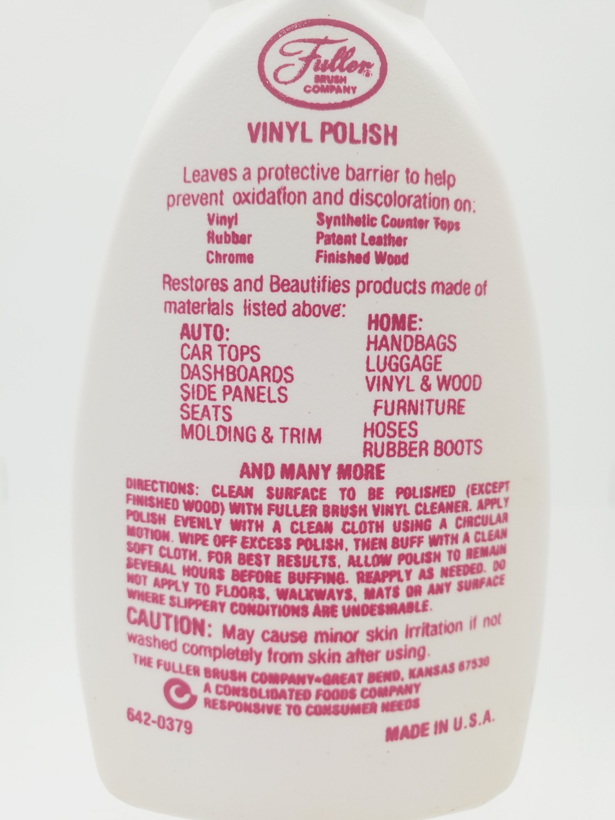 Fuller Auto/Home Vinyl Polish 8 oz Restores Beautifies Vinyl Rubber