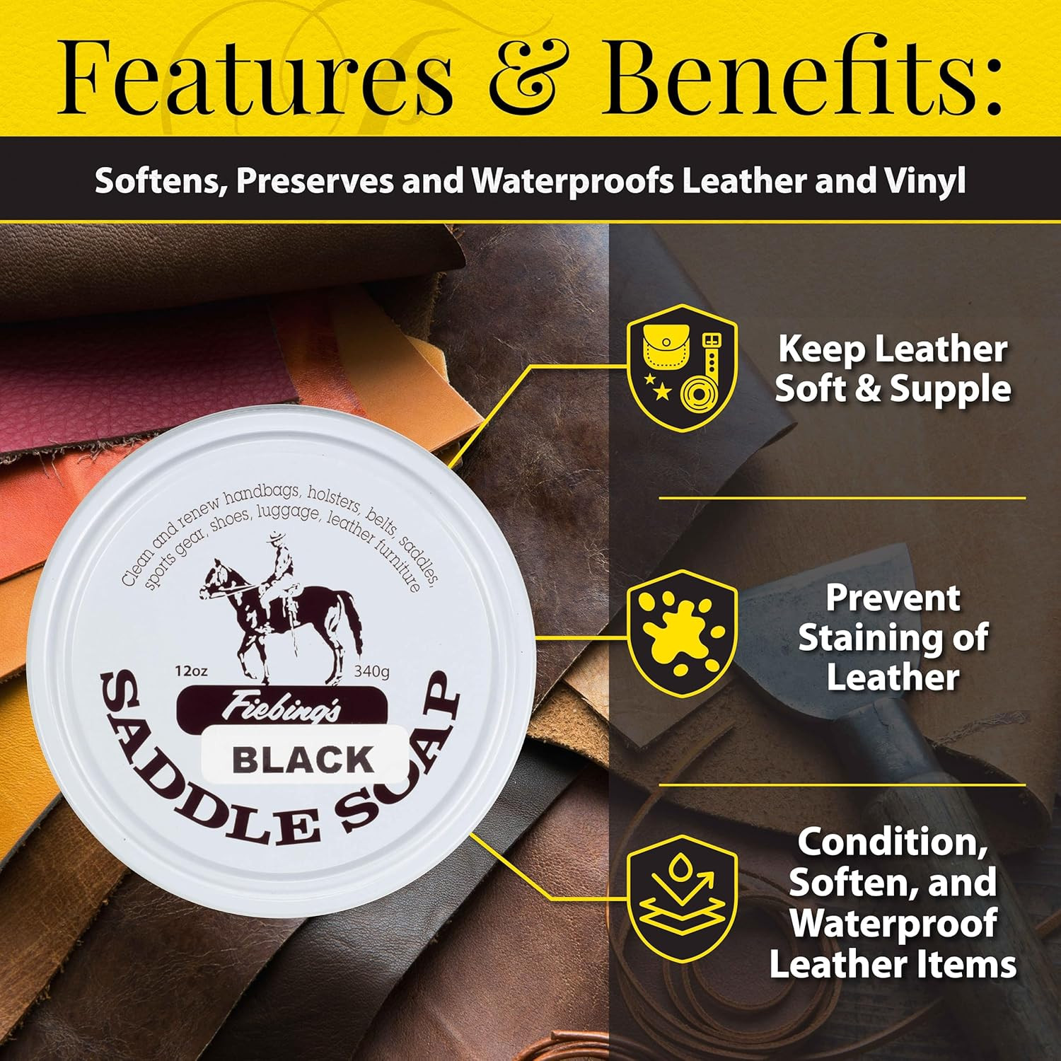 Black Saddle Soap (12Oz) – Leather Cleaner & Conditioner – Soften, Protect, Rest