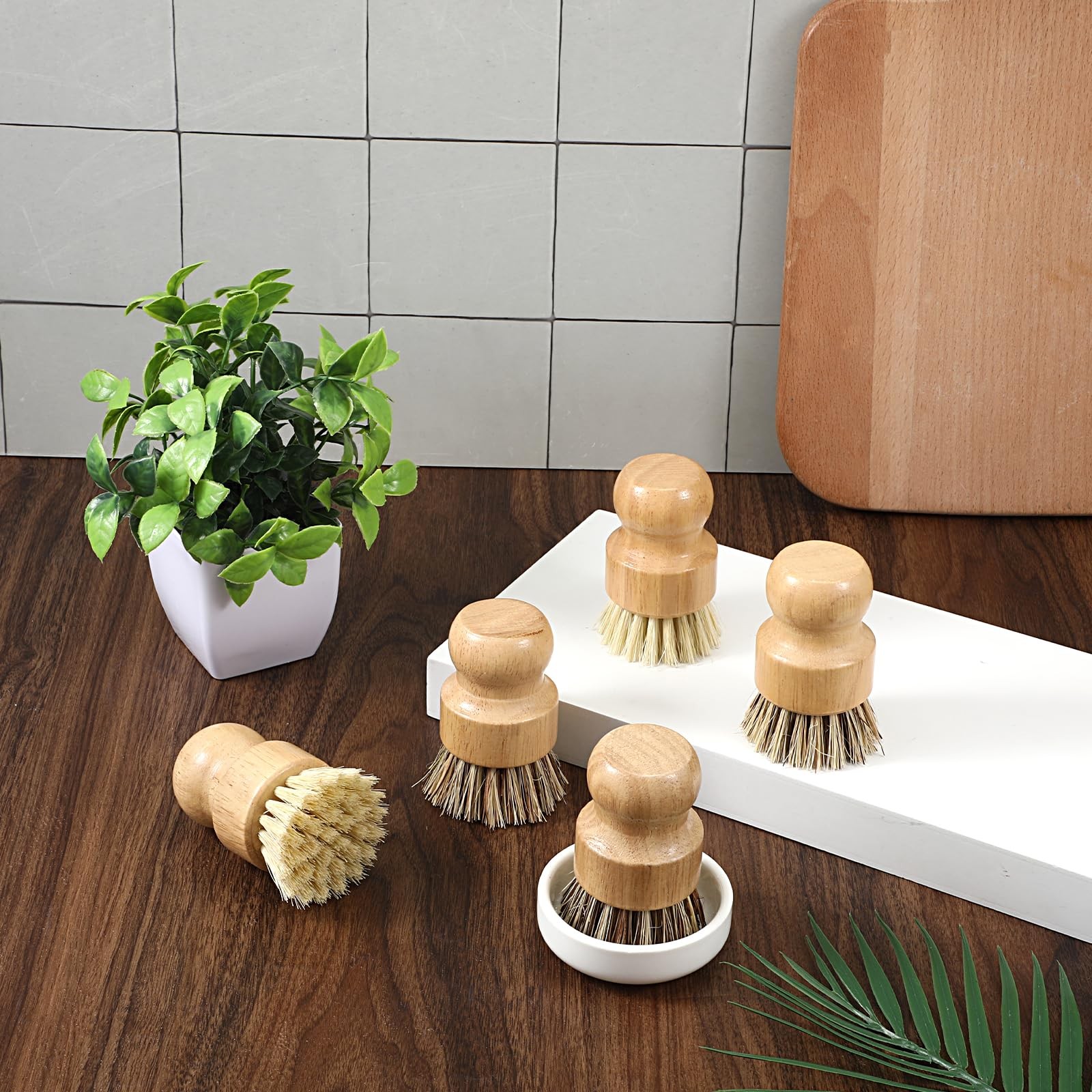7 Pcs Bamboo Scrub Brushes Set, Kitchen Dishwashing Scrubber with Natural Sis…