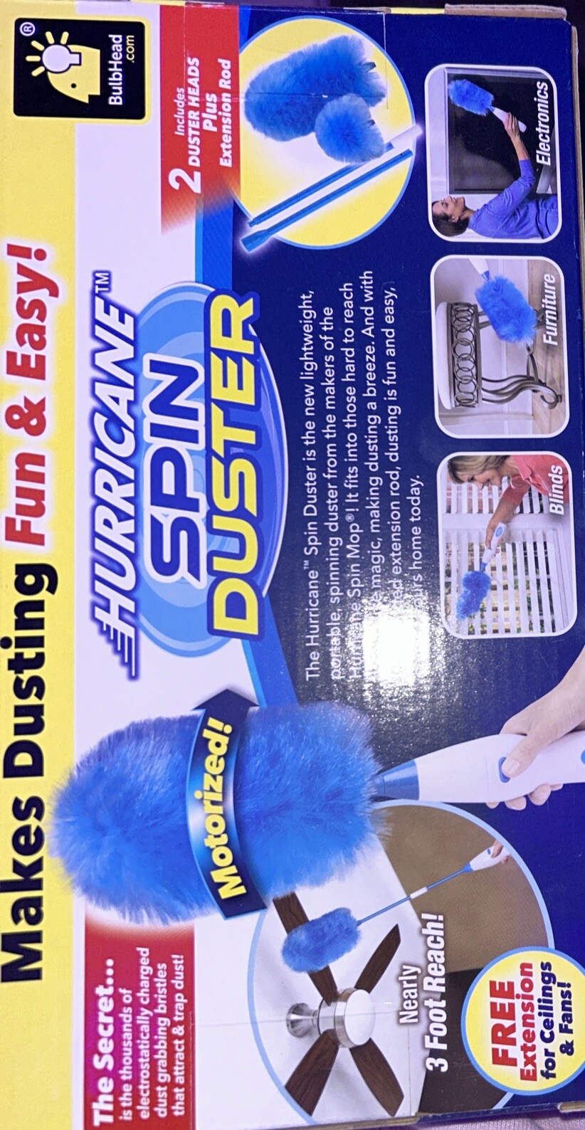 Hurricane Spin Duster Motorized Dust Wand w/ 3ft Extension For Ceiling Fans NEW