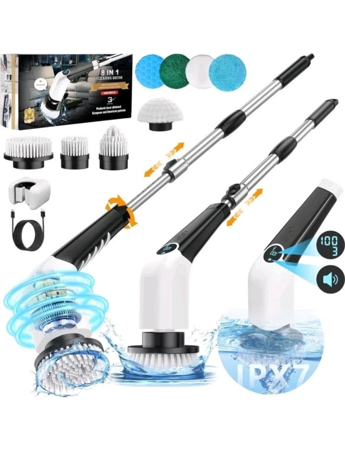 Cordless Electric Spin Scrubber 8-in-1 Rechargeable Bathroom Cleaning Brush Kit