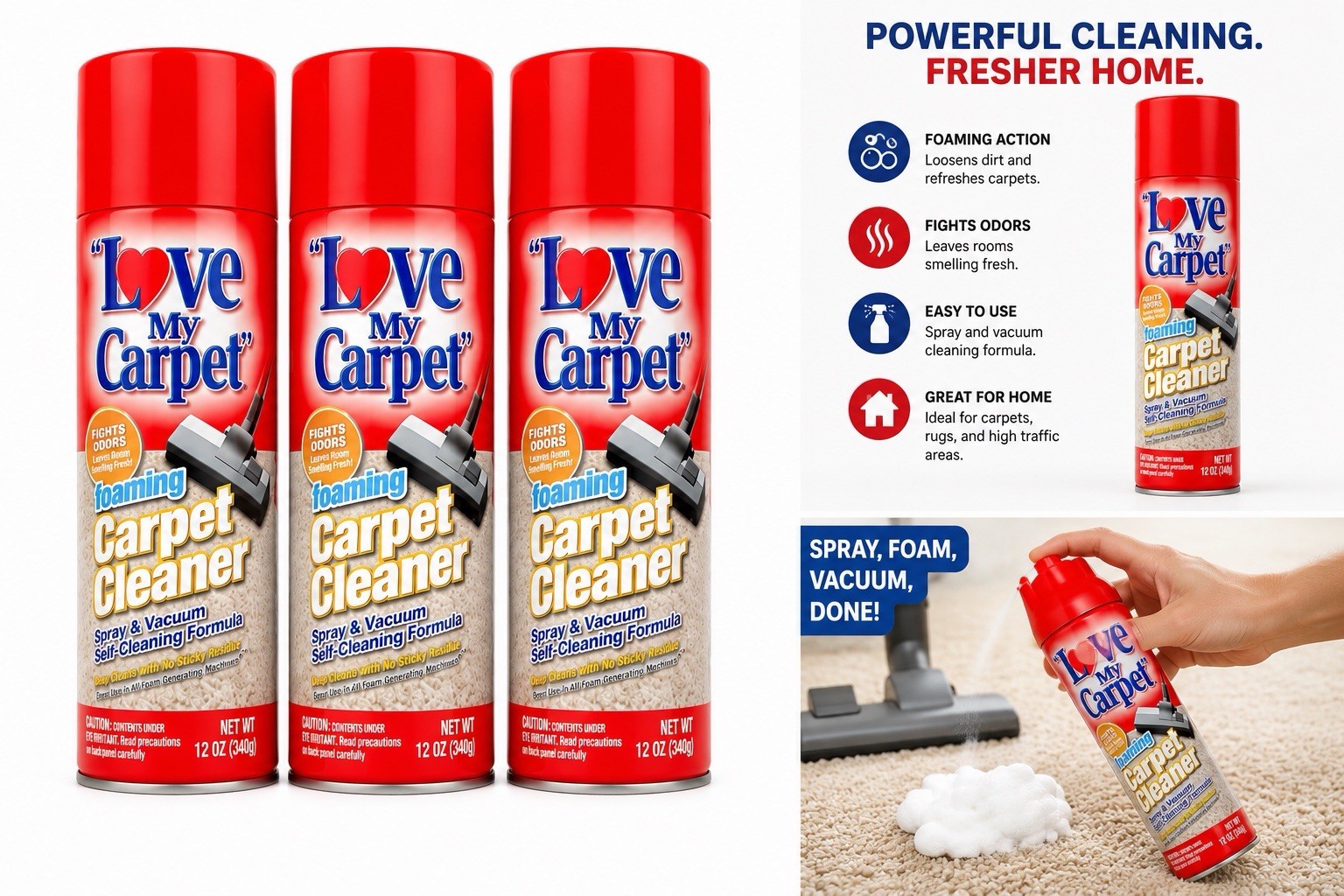 Love My Carpet Foaming Carpet Cleaner Spray & Vacuum 12oz 3-Pack Fights Odors