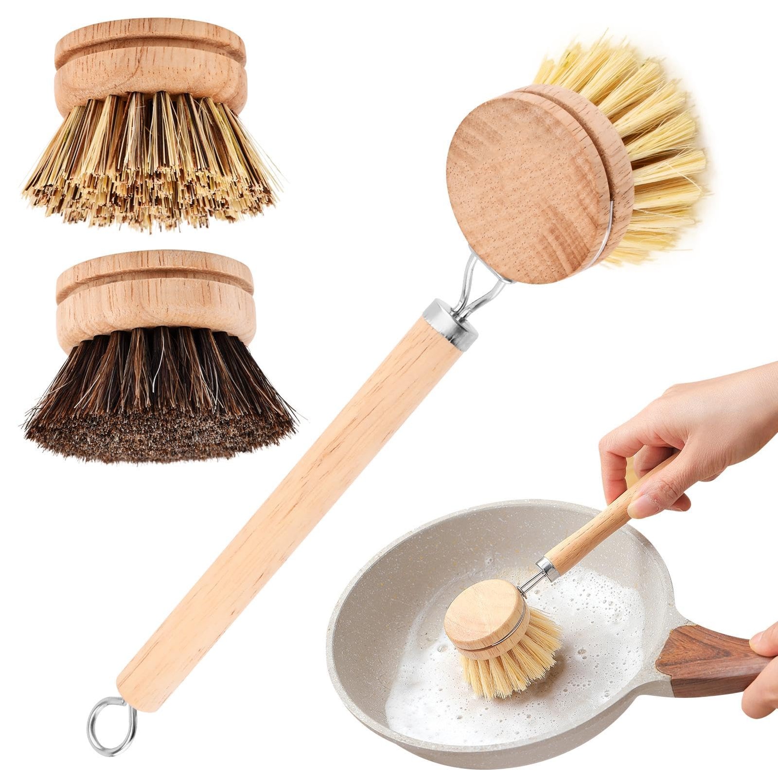 Bamboo Dish Brush Set, 1 Wooden Handle with 3 Natural Bristle Heads All Purpose