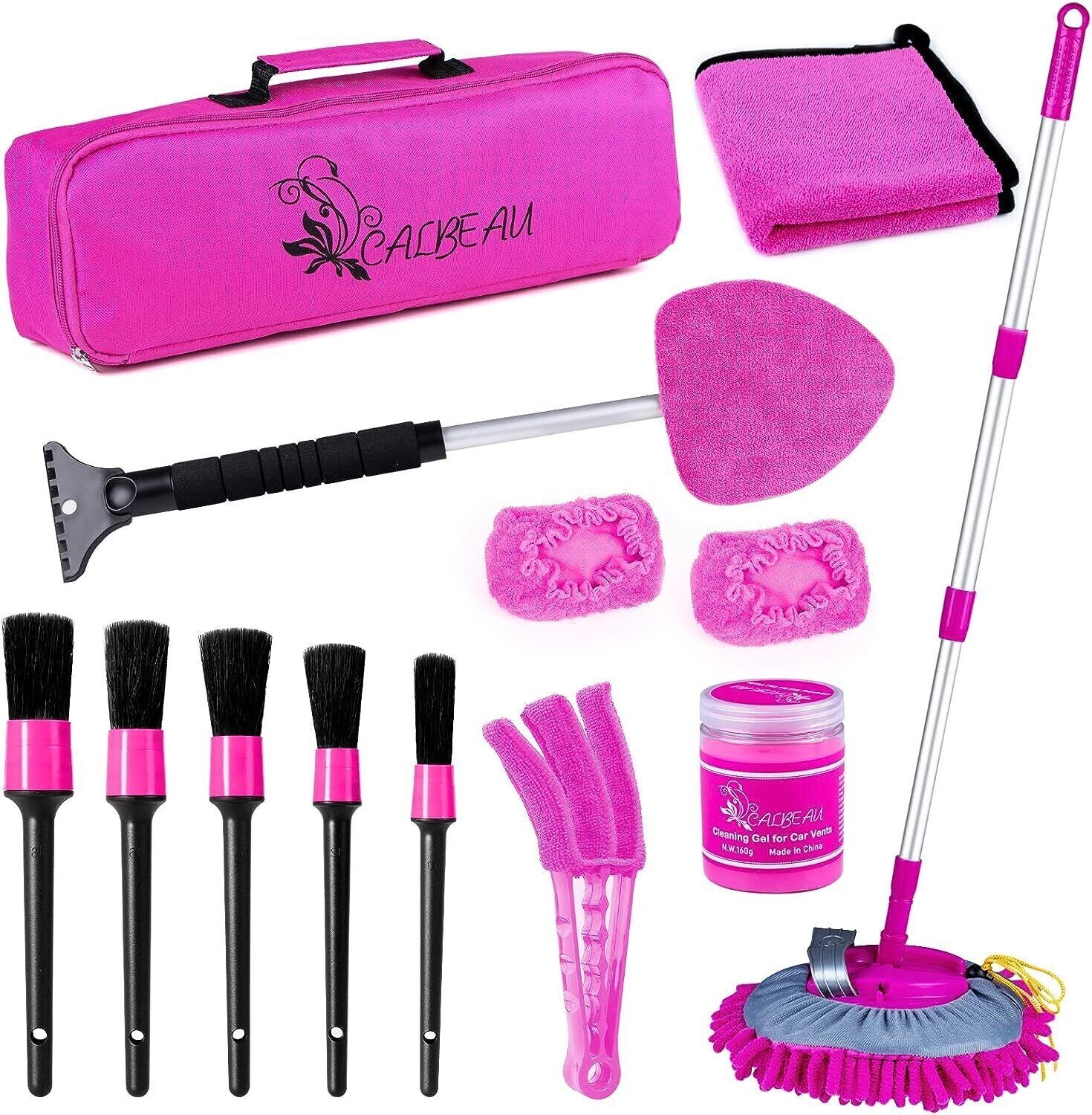 CALBEAU Car Wash Brush Mop 43″ Long Handle 14PCS Detailing Brush Duster Set-Wind
