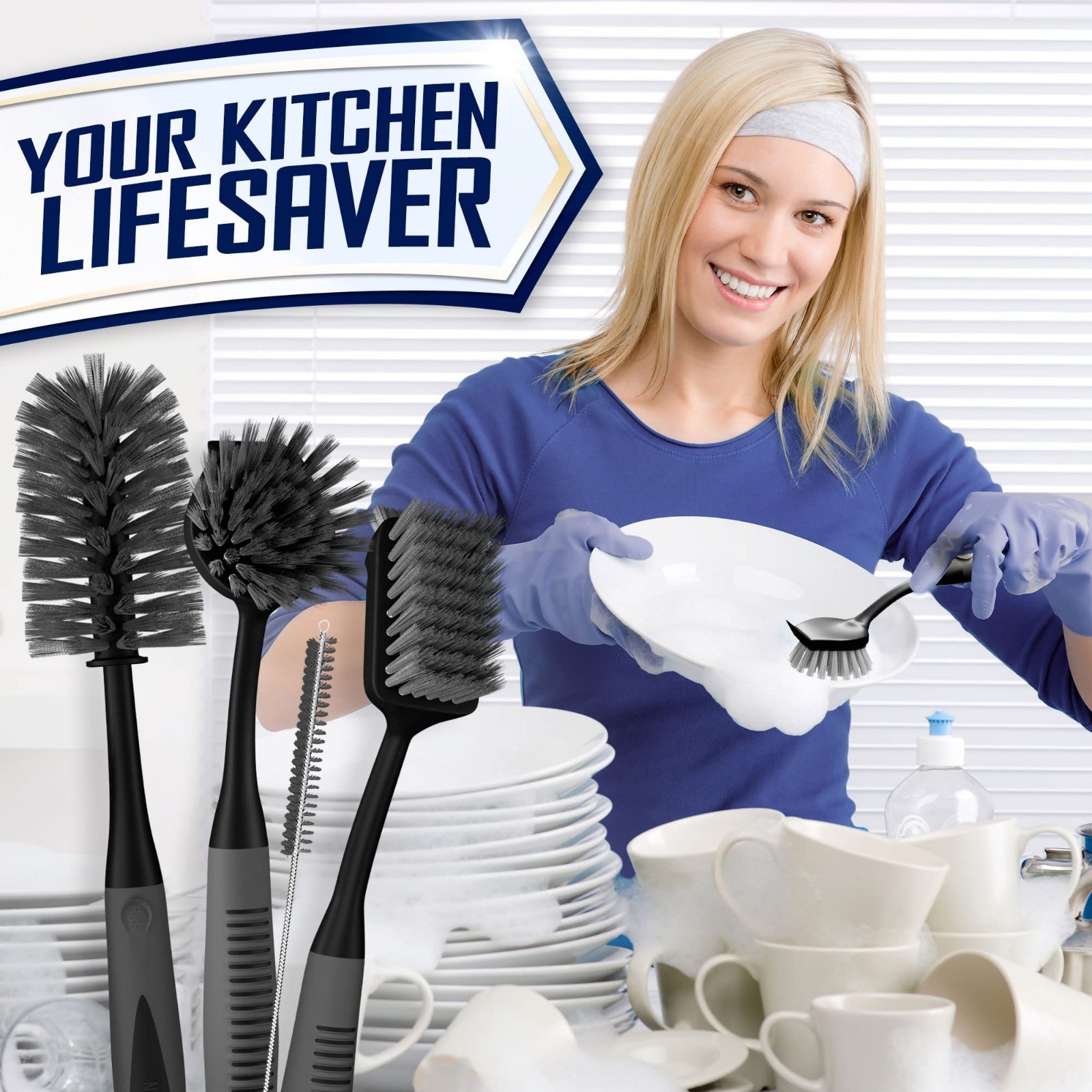 4-Piece Dish Brush Set – Non-Slip Long Handle Kitchen Scrubbers for Dishes, Pots