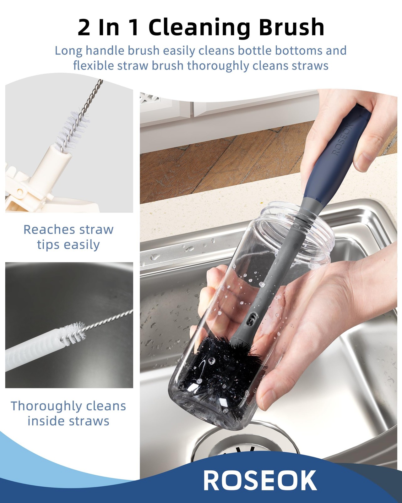 2 in 1 Long Handle Bottle Brush with Straw Brush for Cleaning Glass, Sports B…