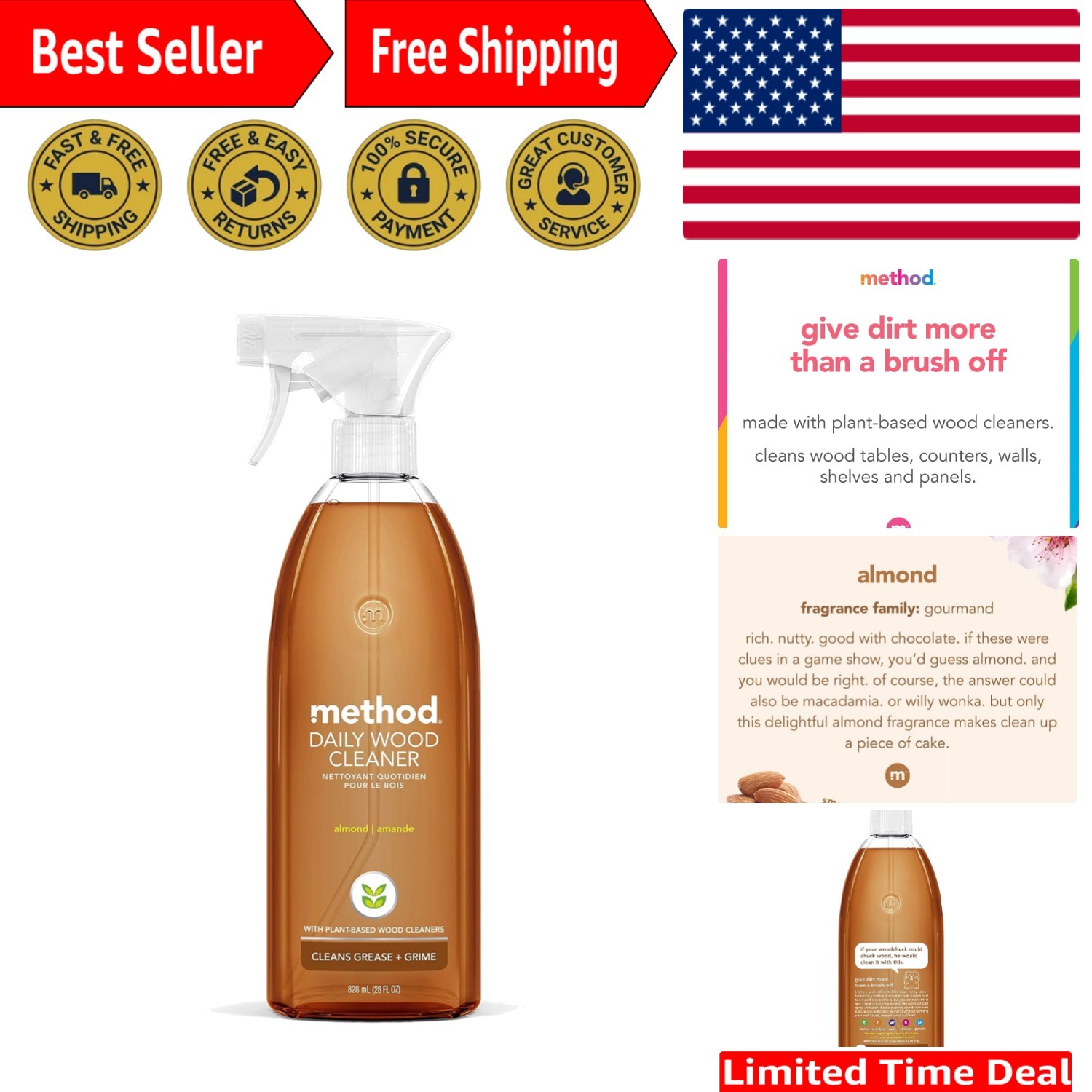 Eco-Friendly Almond Wood Cleaner Spray – Powerful Dust & Grime Remover, 28 Oz