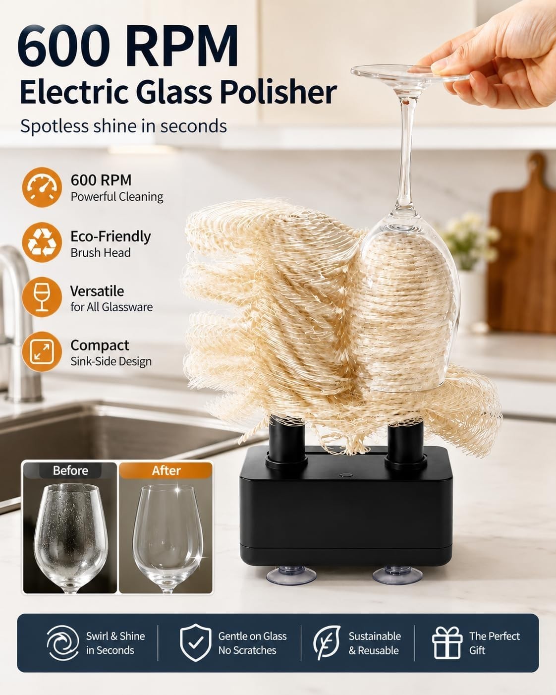 Ugdgtgo Electric Wine Glass & Bottle Cleaner Polisher 600 RPM Black New Open Box