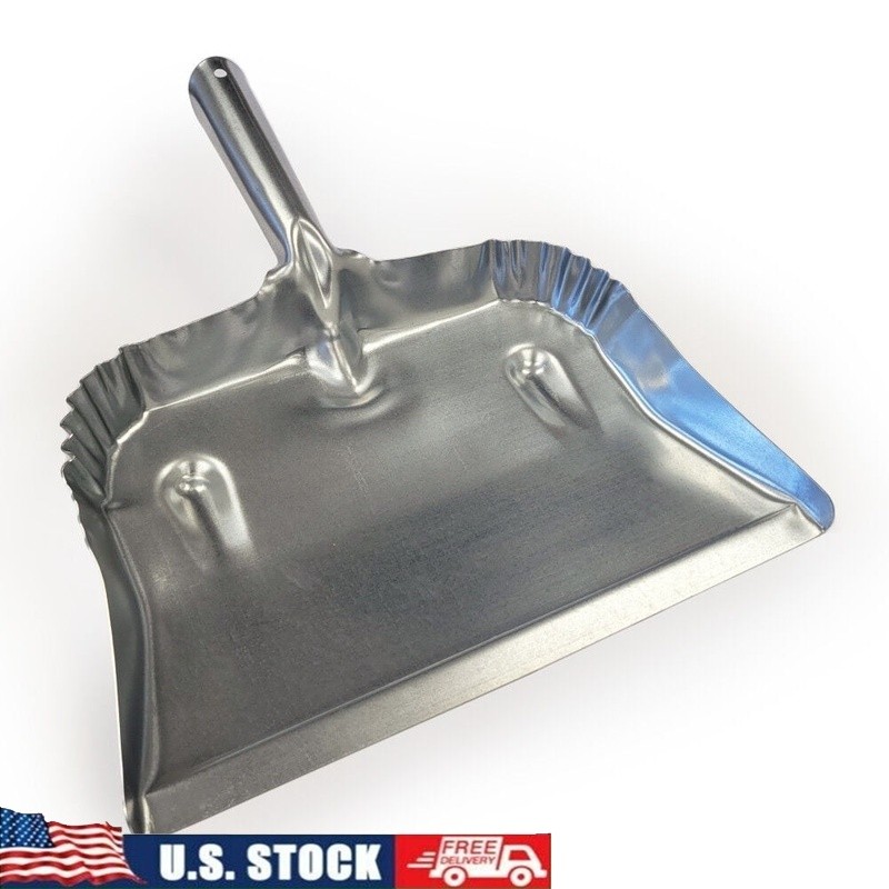 Heavy Duty Galvanized Steel Dustpan Long Handle Workshop Garage Home Use