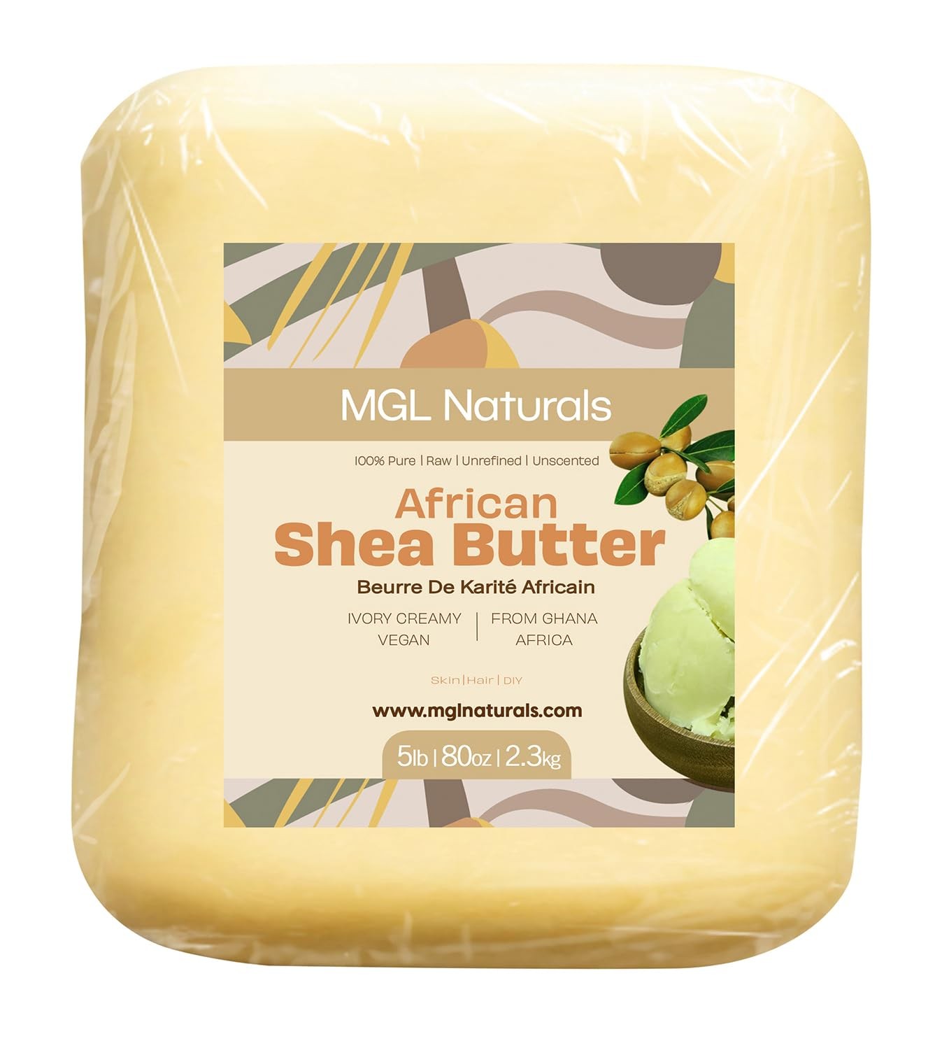 MGL Naturals Raw African Shea Butter Ivory 5 lb, 100% Pure and Unrefined. Nour