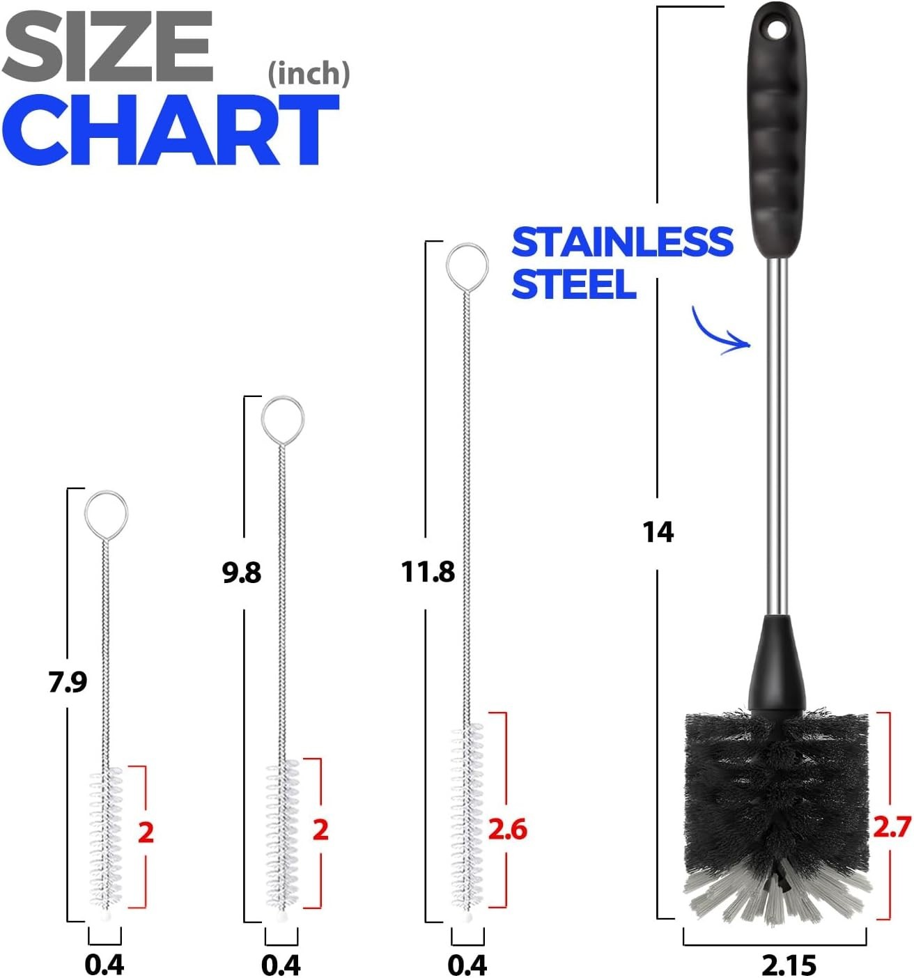 Bottle Brush Cleaner Set, 14″ Long Handle Stainless Steel Bottle Cleaner Brush,