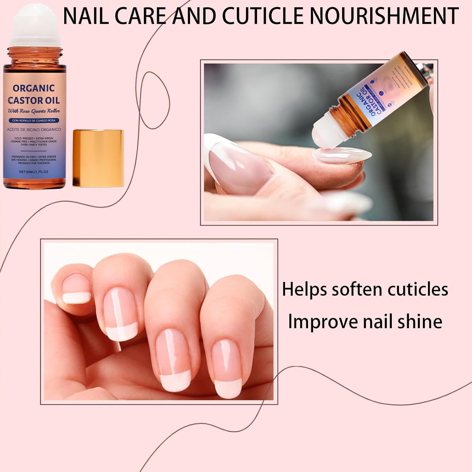 100% Organic Castor Oil Roll On with Rose Quartz Roller, Cold Pressed