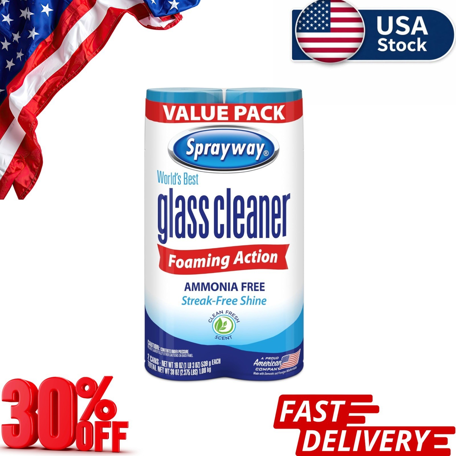 Sprayway Glass Cleaner Foaming Aerosol Spray, 19 oz. 2-Pack Free Shipping