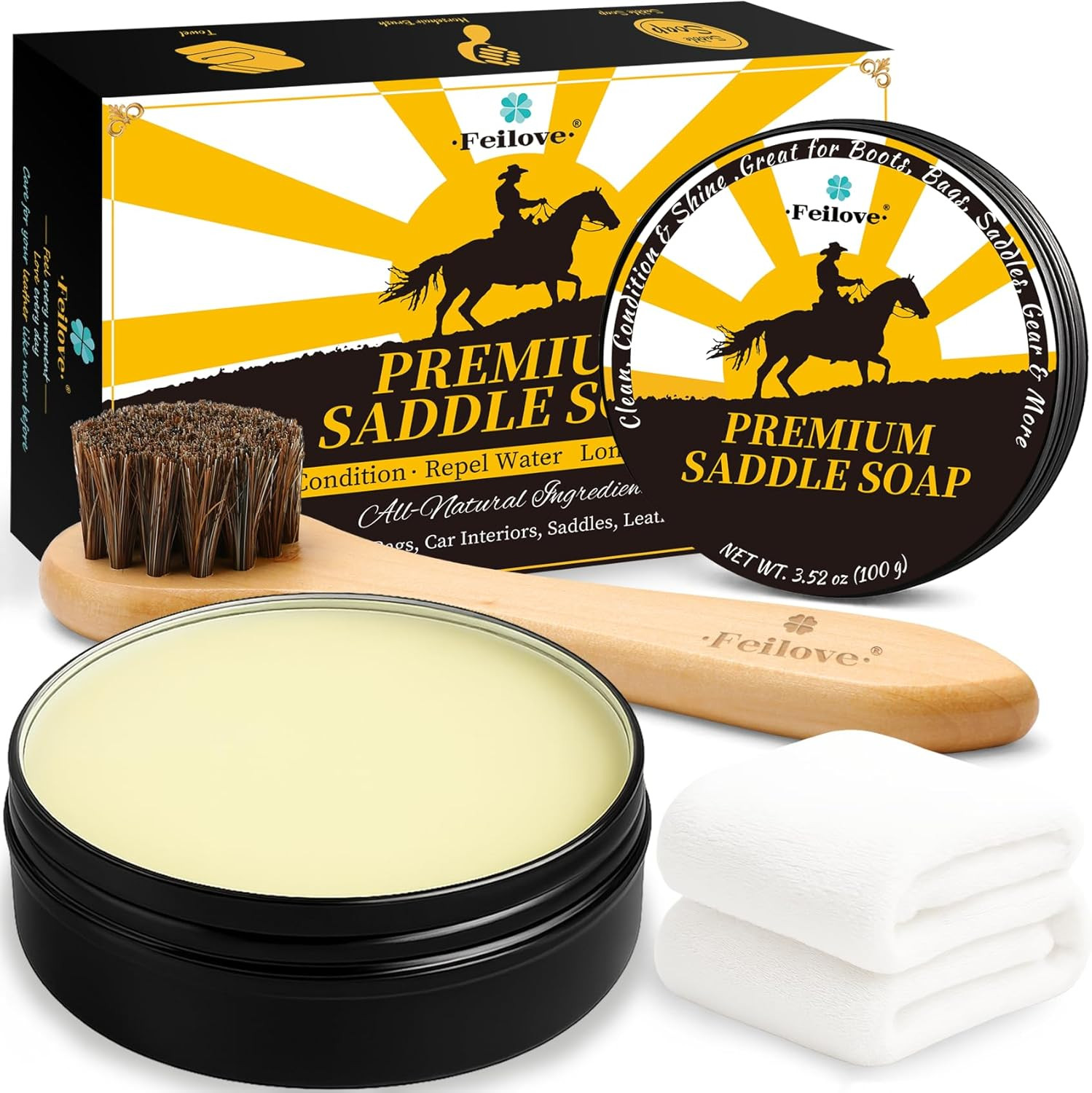 Saddle Soap Leather Cleaner & Conditioner Kit w/ Brush & Cloth – 3.52oz